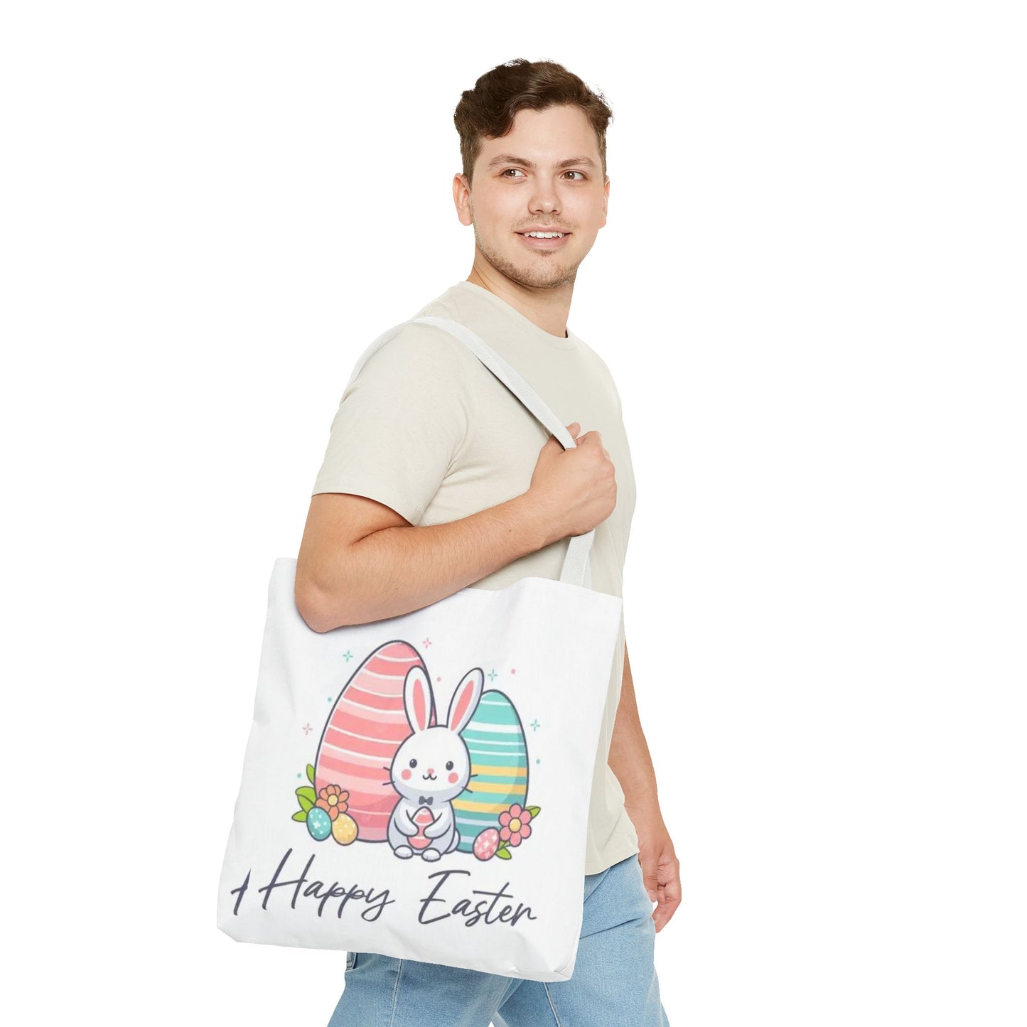 Easter Bunny Tote Bag — Cute "Happy Easter" Bunny with Colorful Eggs