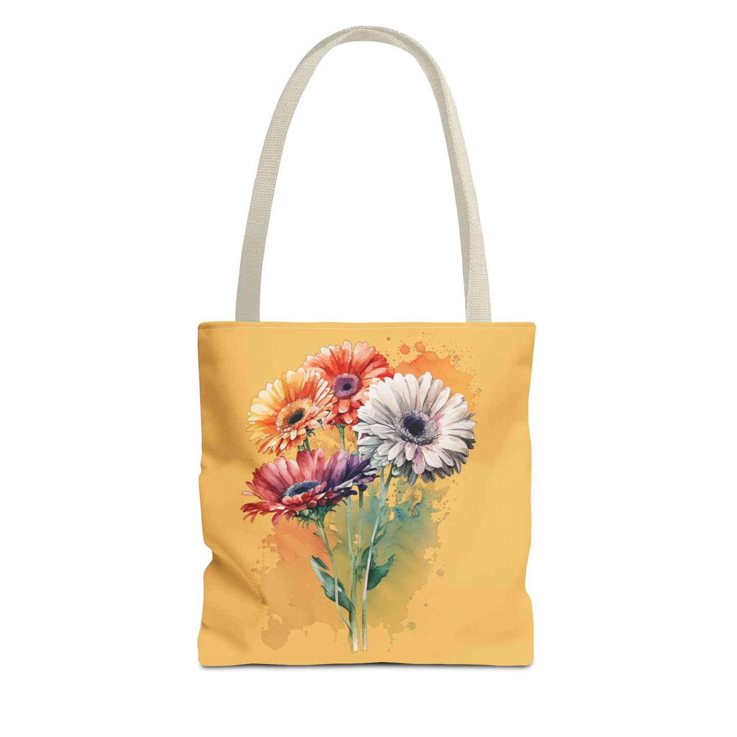 Floral Watercolor Tote Bag — Colorful Gerbera Bouquet on Mustard Background