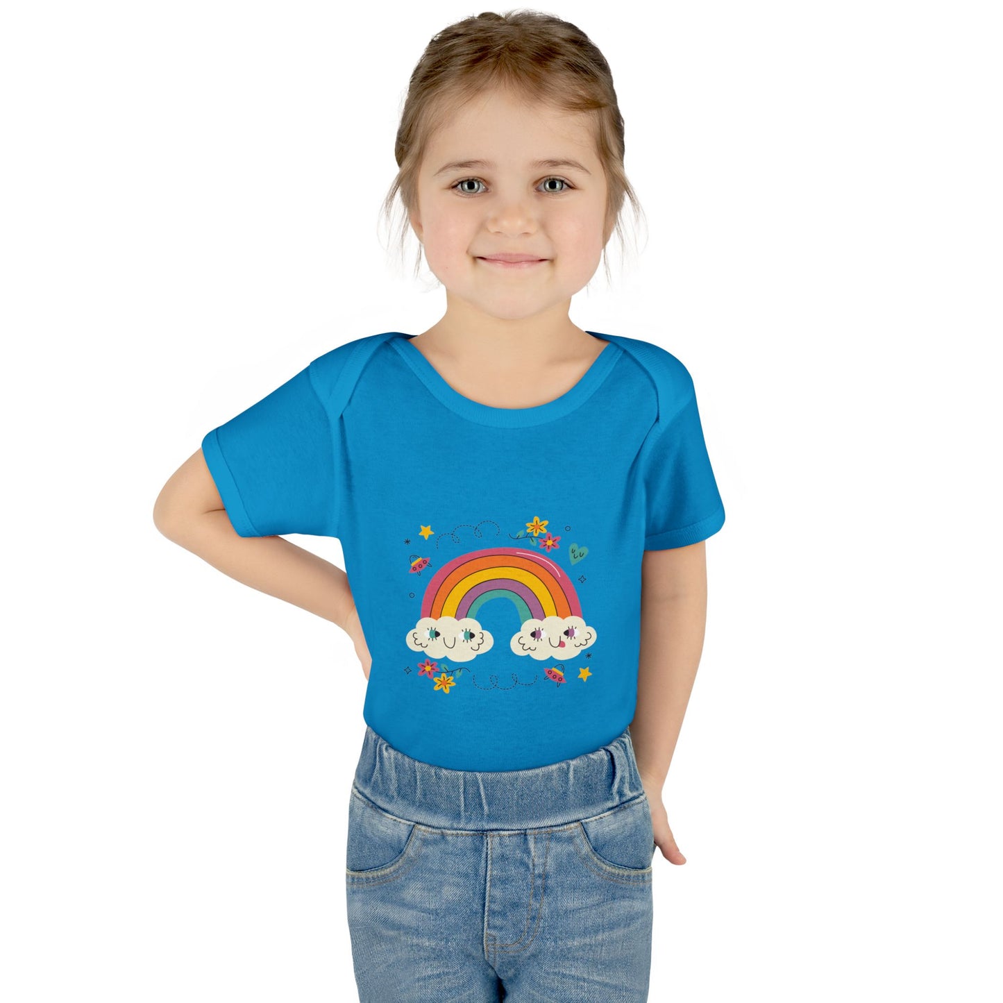 Baby Bodysuit — Cute Rainbow with Smiling Clouds Infant Onesie