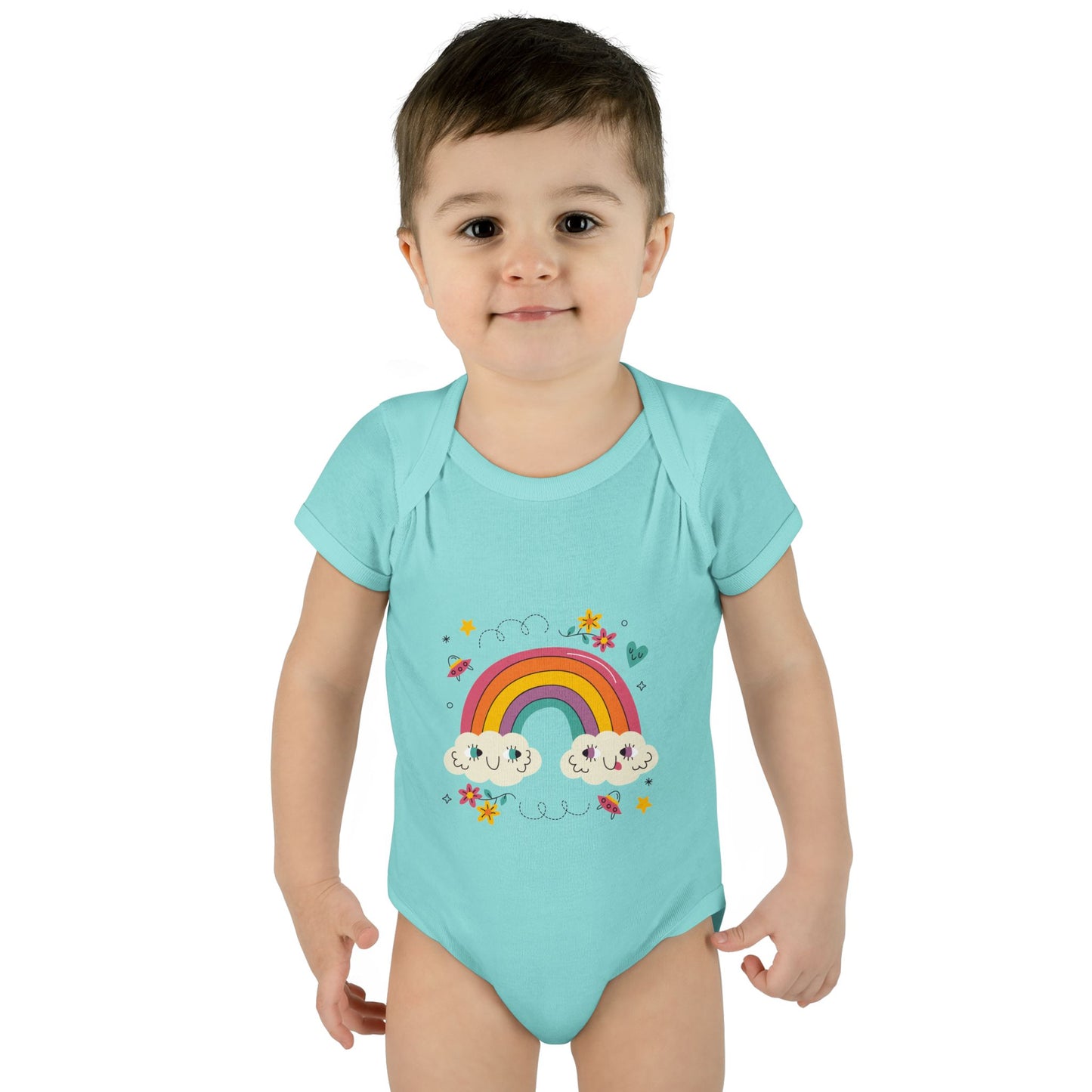 Baby Bodysuit — Cute Rainbow with Smiling Clouds Infant Onesie