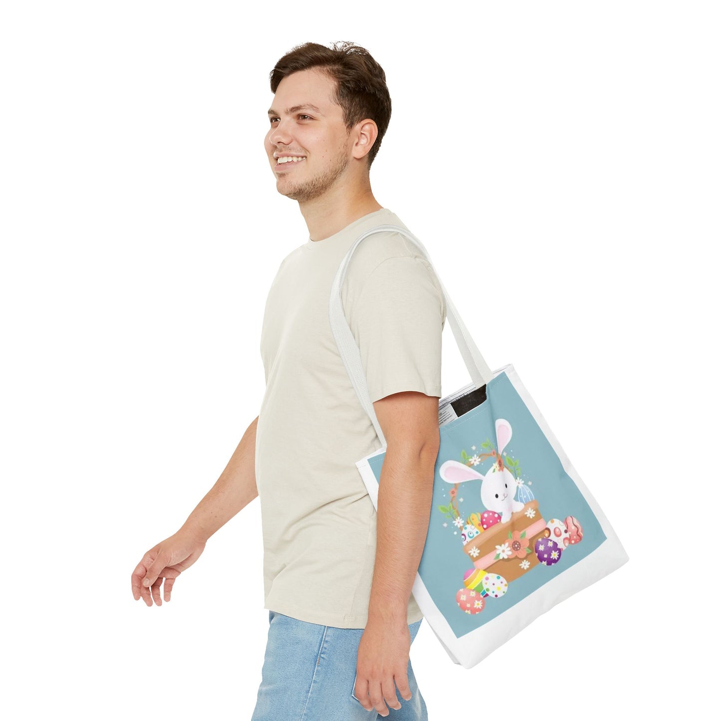 Easter Bunny Tote Bag — Cute Floral Bunny with Painted Eggs All-Over Print