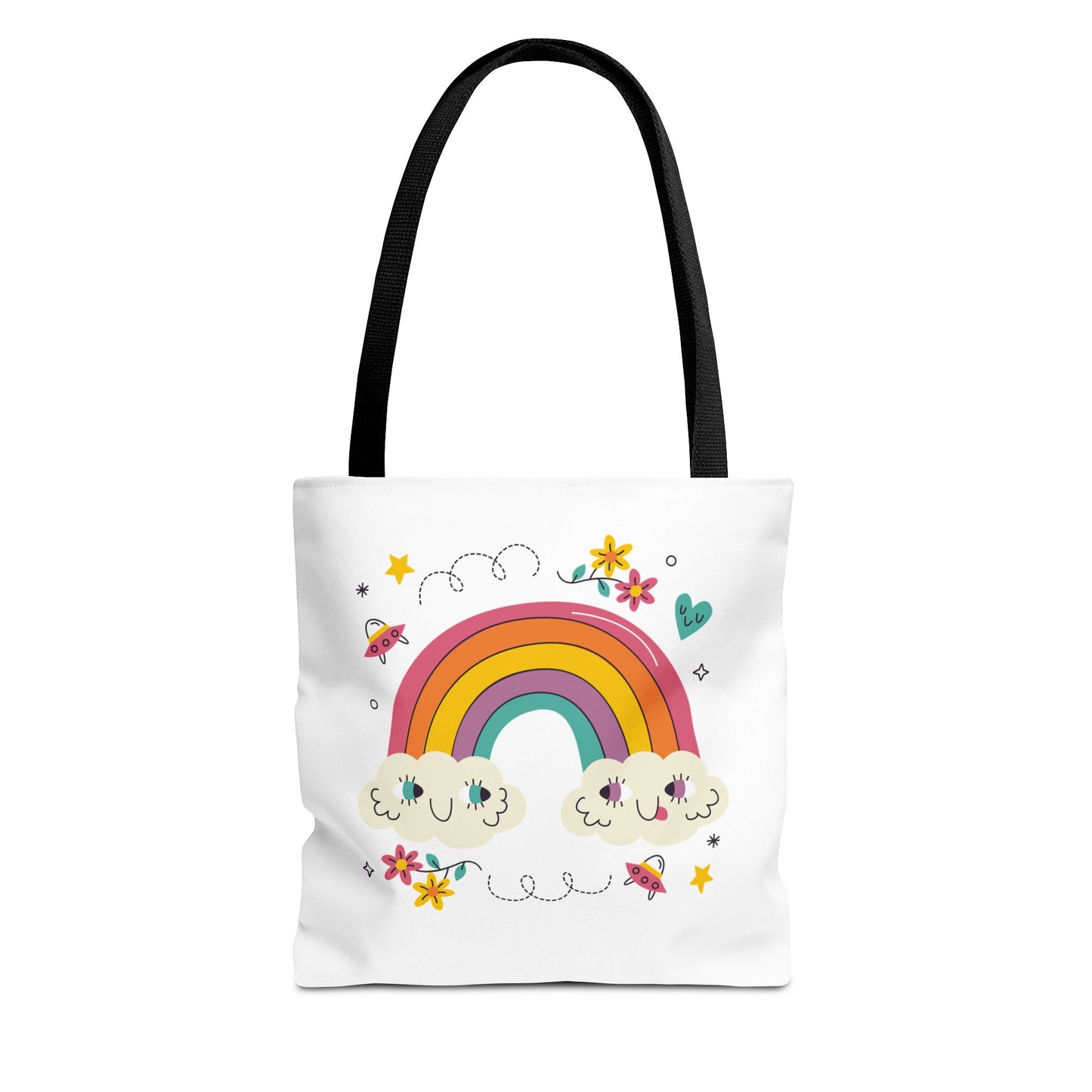 Cute Rainbow Tote Bag — Kawaii Smiling Clouds, Floral & Heart Print