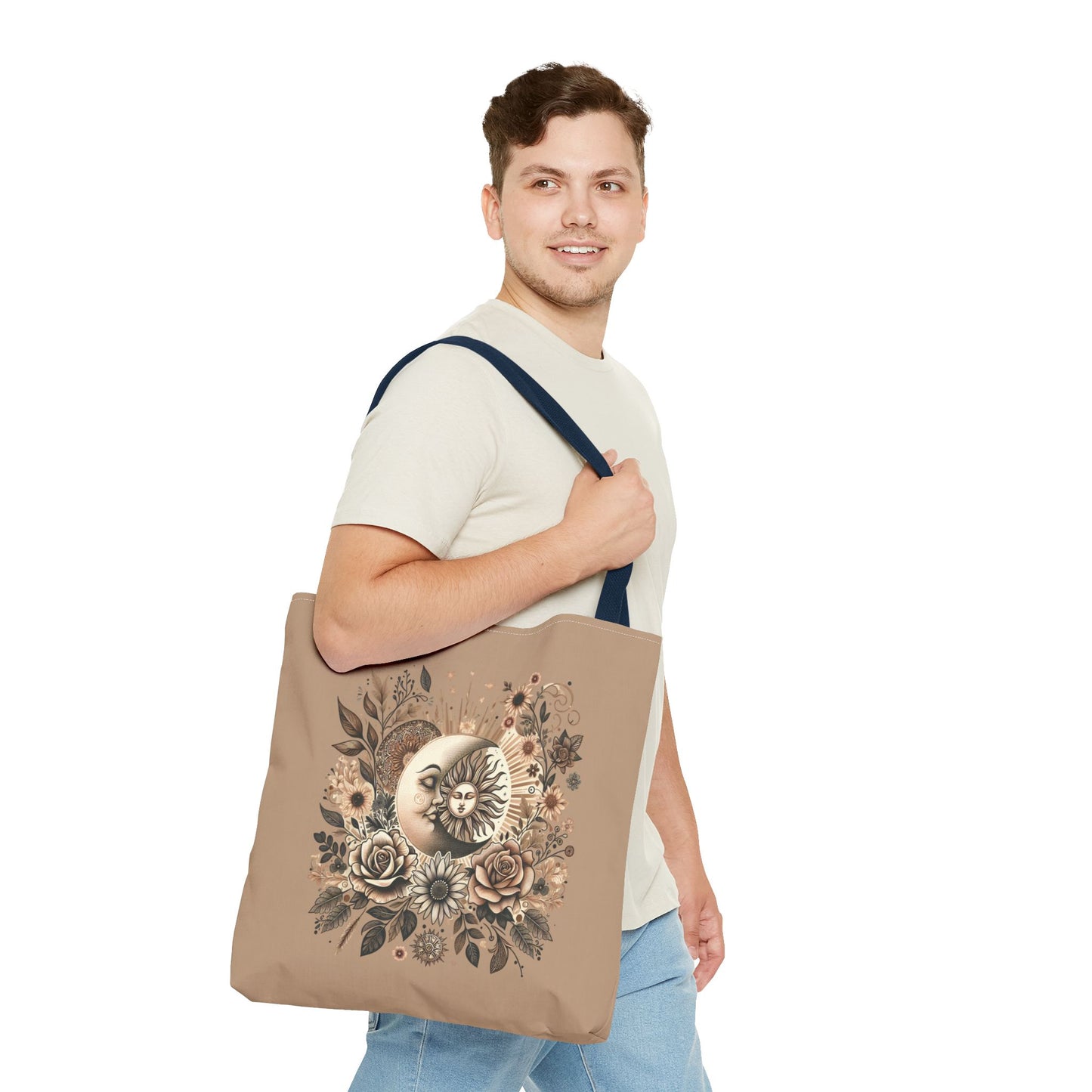 Celestial Sun & Moon Floral Tote Bag — Boho Vintage Astrology Beach Bag