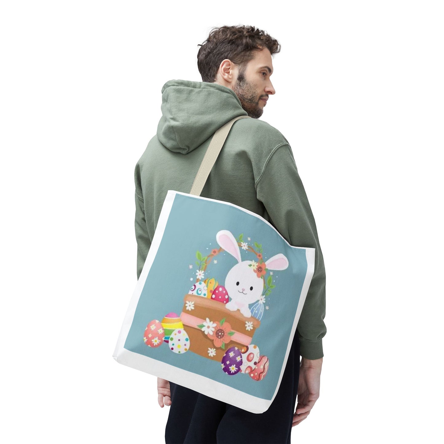 Easter Bunny Tote Bag — Cute Floral Bunny with Painted Eggs All-Over Print