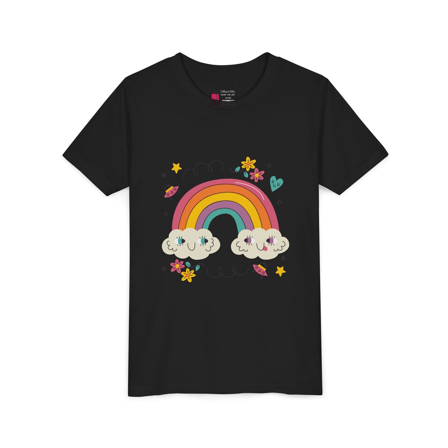 Youth Rainbow Tee — Cute Smiling Clouds & Rainbow Kids Shirt