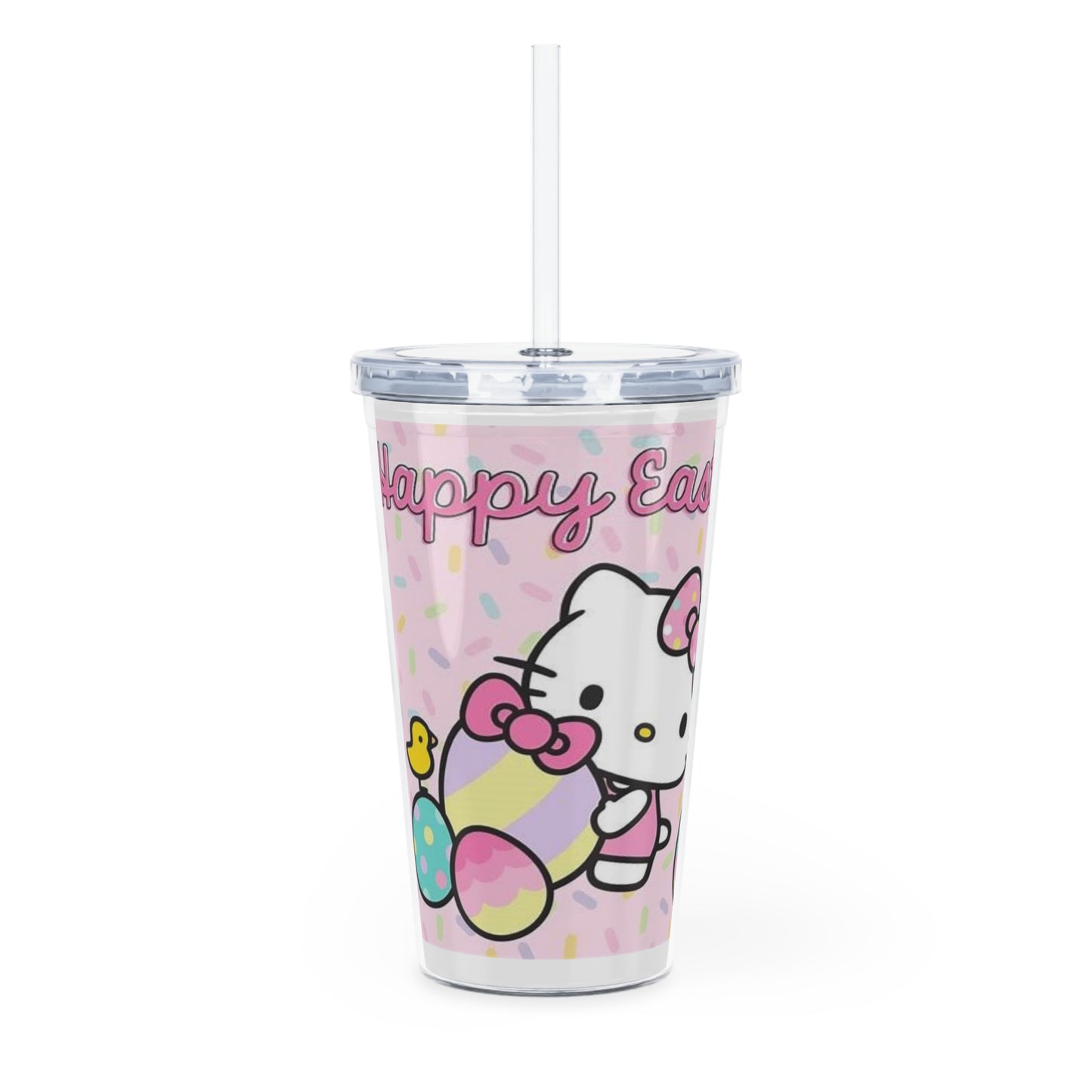 Easter Hello Kitty Plastic Tumbler with Straw — Pastel Egg & Chick Design