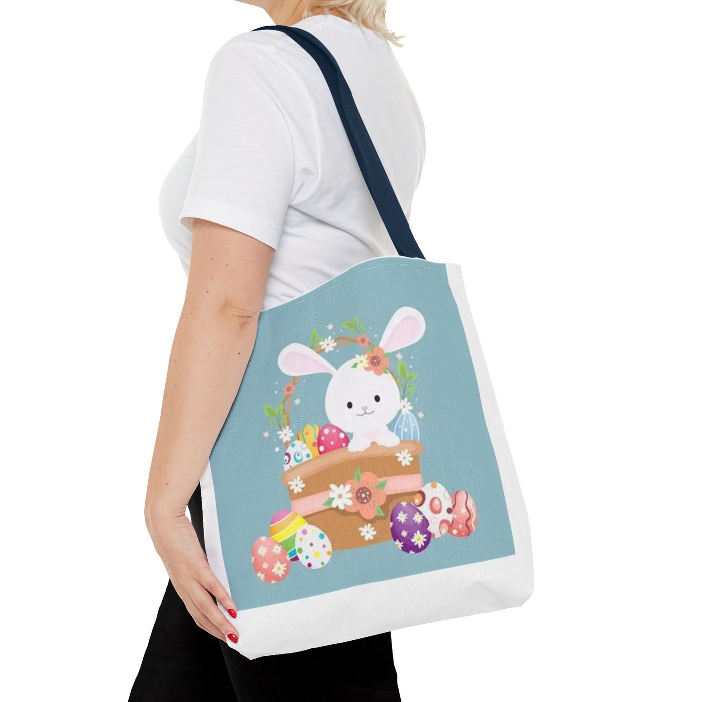 Easter Bunny Tote Bag — Cute Floral Bunny with Painted Eggs All-Over Print