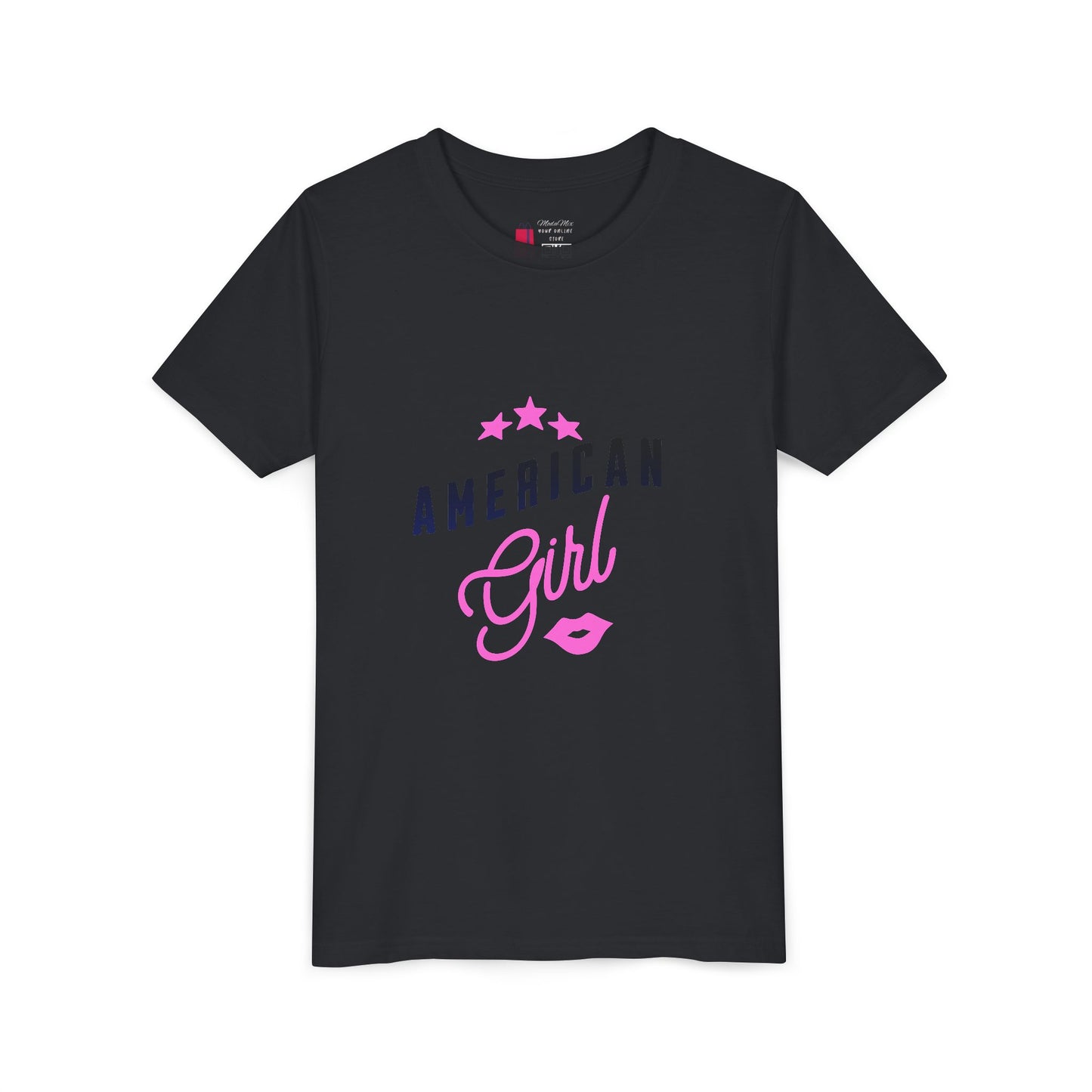 American Girl Youth Tee — Pink Script Stars Patriotic Kids Shirt