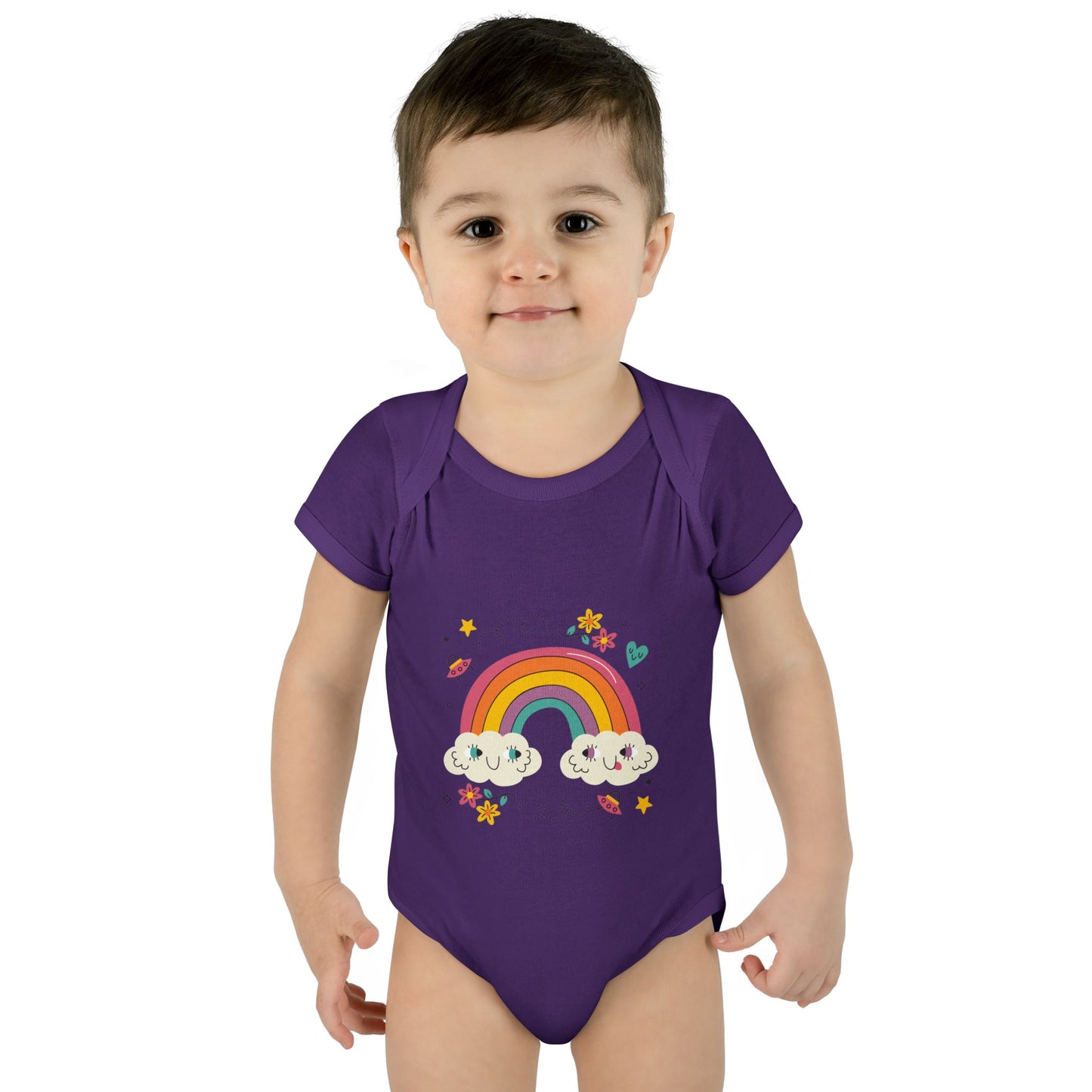 Baby Bodysuit — Cute Rainbow with Smiling Clouds Infant Onesie