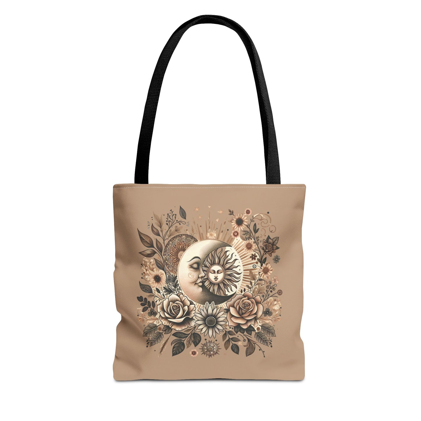 Celestial Sun & Moon Floral Tote Bag — Boho Vintage Astrology Beach Bag