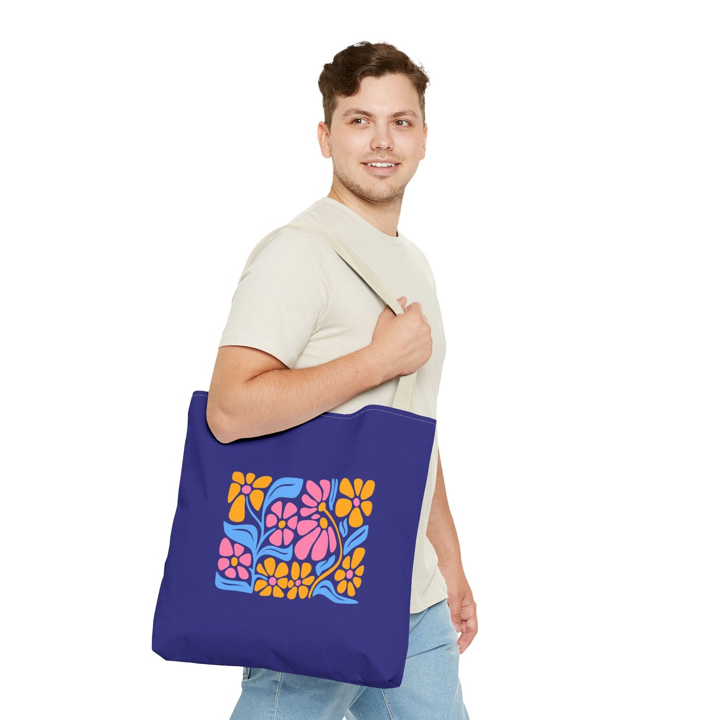 Floral Pop Tote Bag — Bright Retro Flower Pattern on Purple