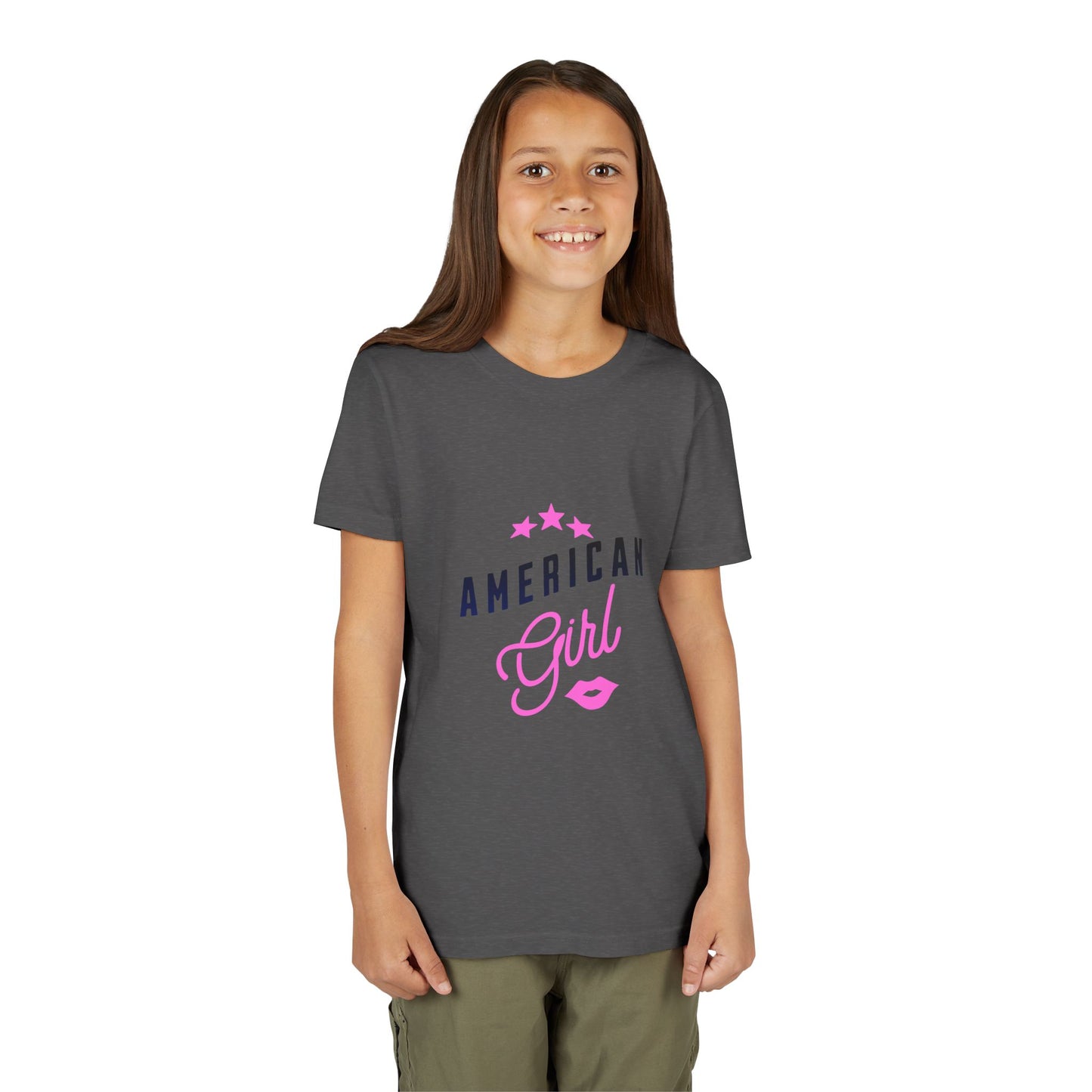 American Girl Youth Tee — Pink Script Stars Patriotic Kids Shirt