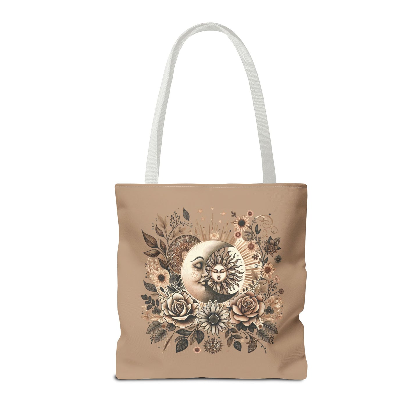 Celestial Sun & Moon Floral Tote Bag — Boho Vintage Astrology Beach Bag