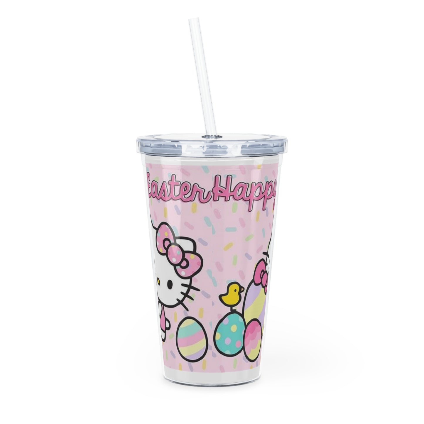 Easter Hello Kitty Plastic Tumbler with Straw — Pastel Egg & Chick Design