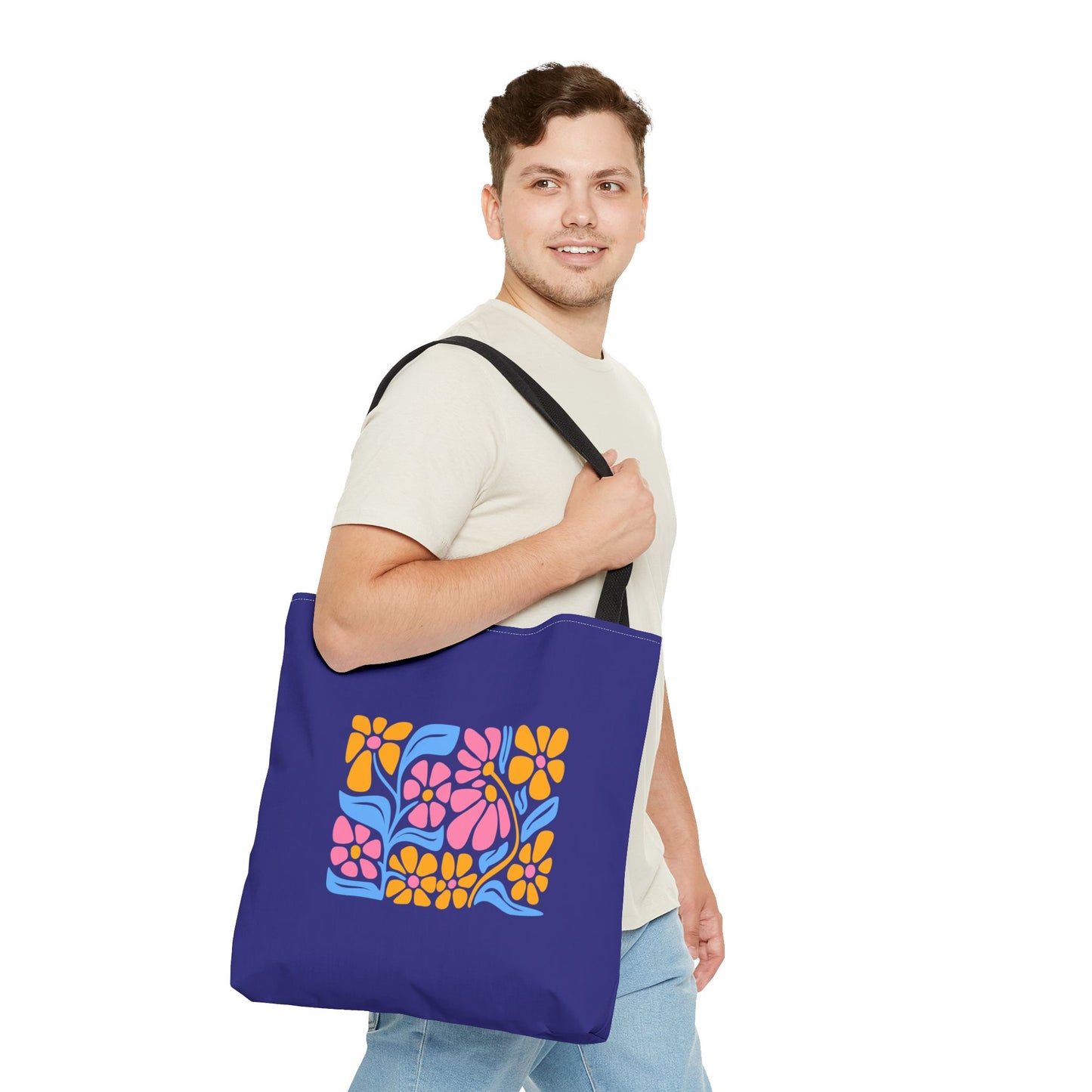 Floral Pop Tote Bag — Bright Retro Flower Pattern on Purple