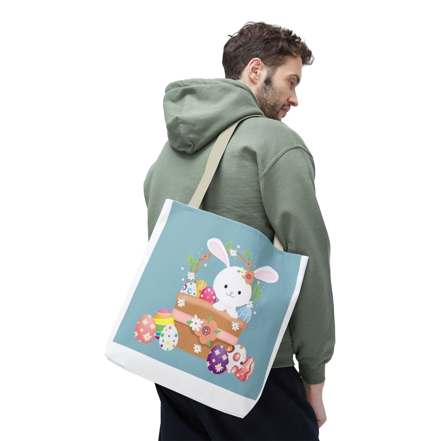 Easter Bunny Tote Bag — Cute Floral Bunny with Painted Eggs All-Over Print