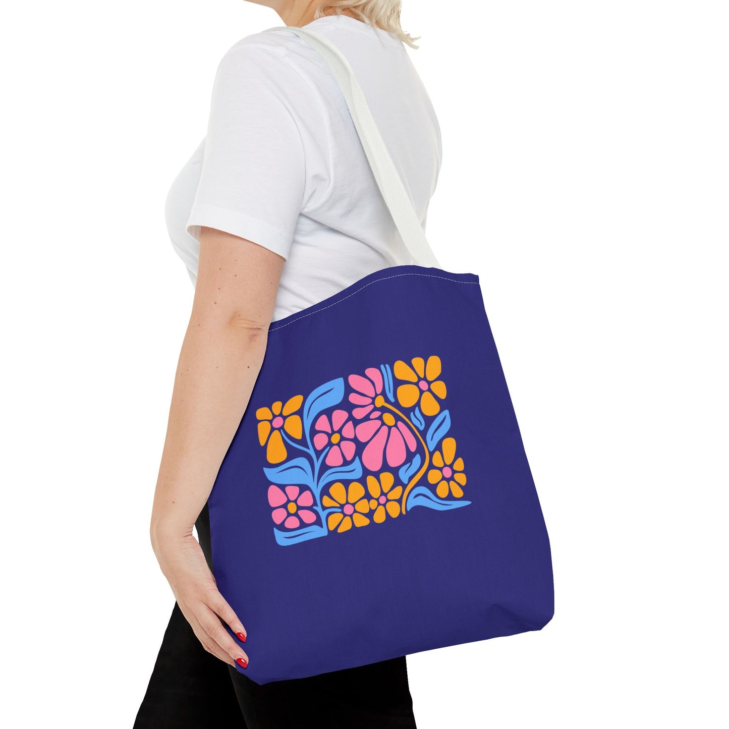 Floral Pop Tote Bag — Bright Retro Flower Pattern on Purple