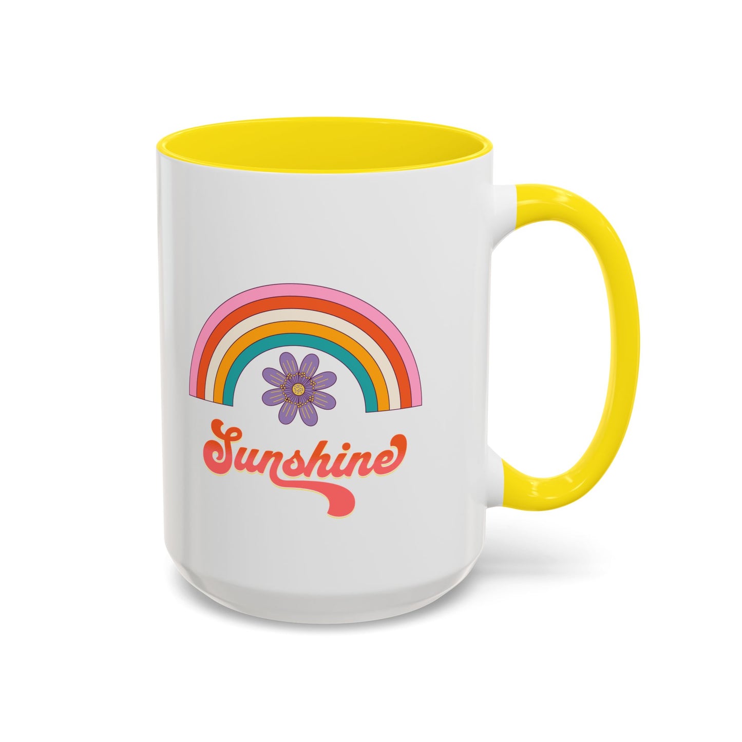Sunshine Rainbow Accent Coffee Mug — Retro Flower 70s Vibe