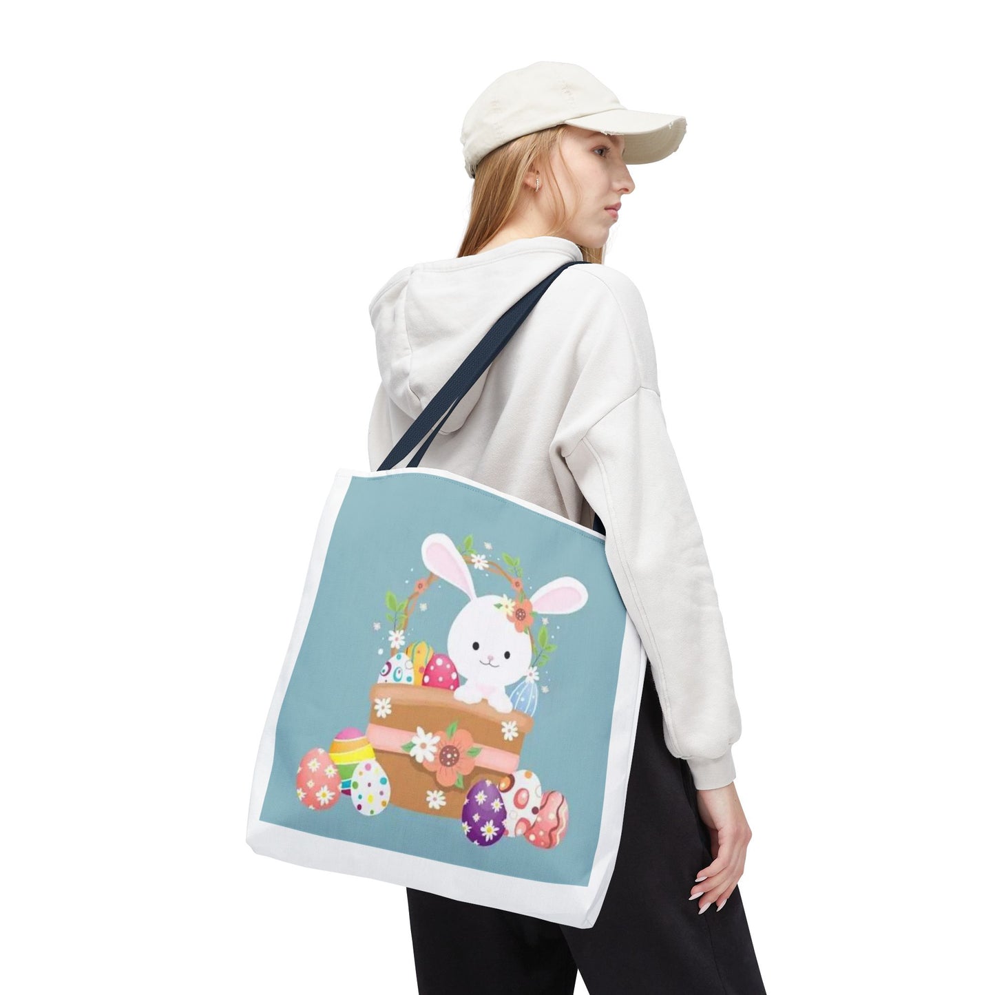 Easter Bunny Tote Bag — Cute Floral Bunny with Painted Eggs All-Over Print