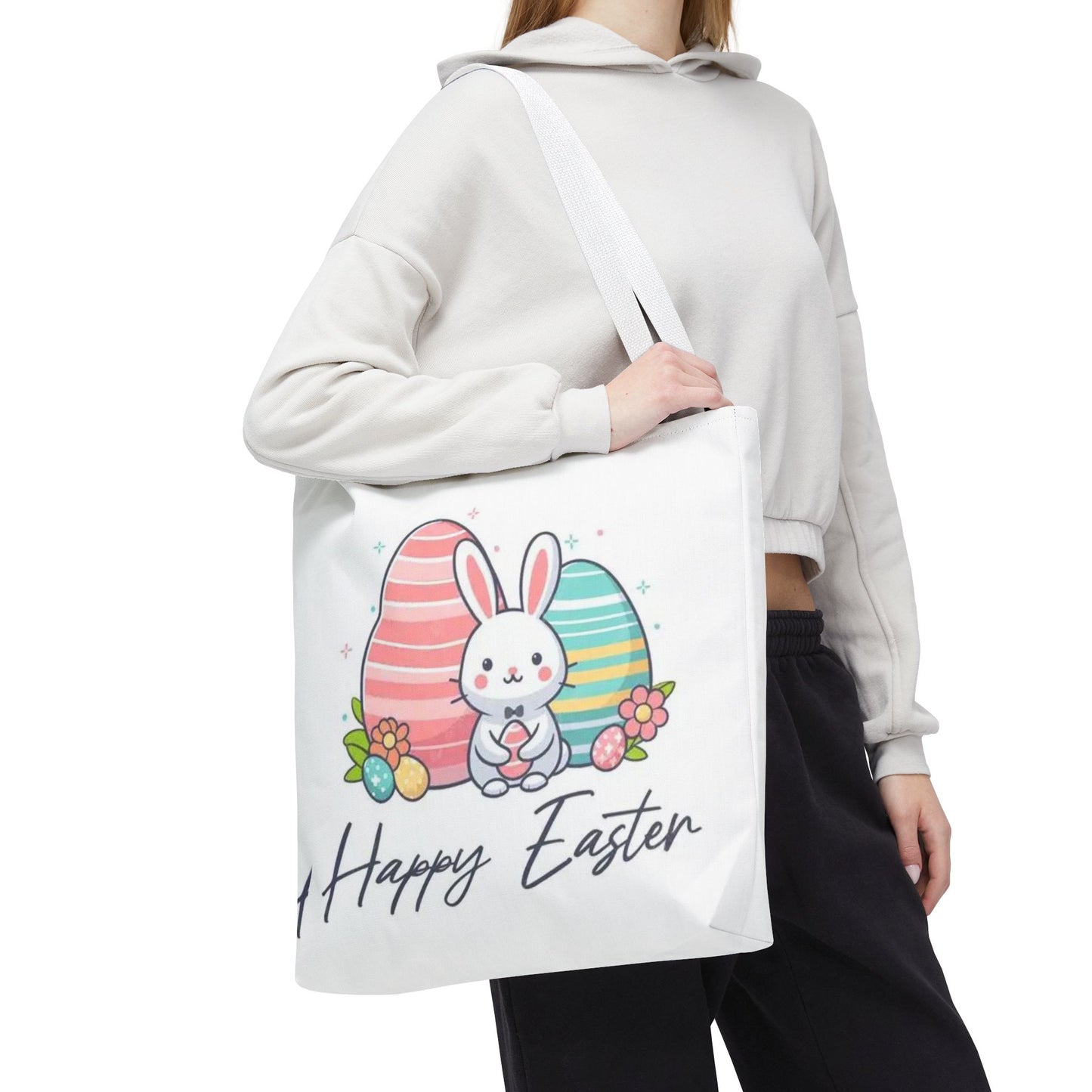 Easter Bunny Tote Bag — Cute "Happy Easter" Bunny with Colorful Eggs