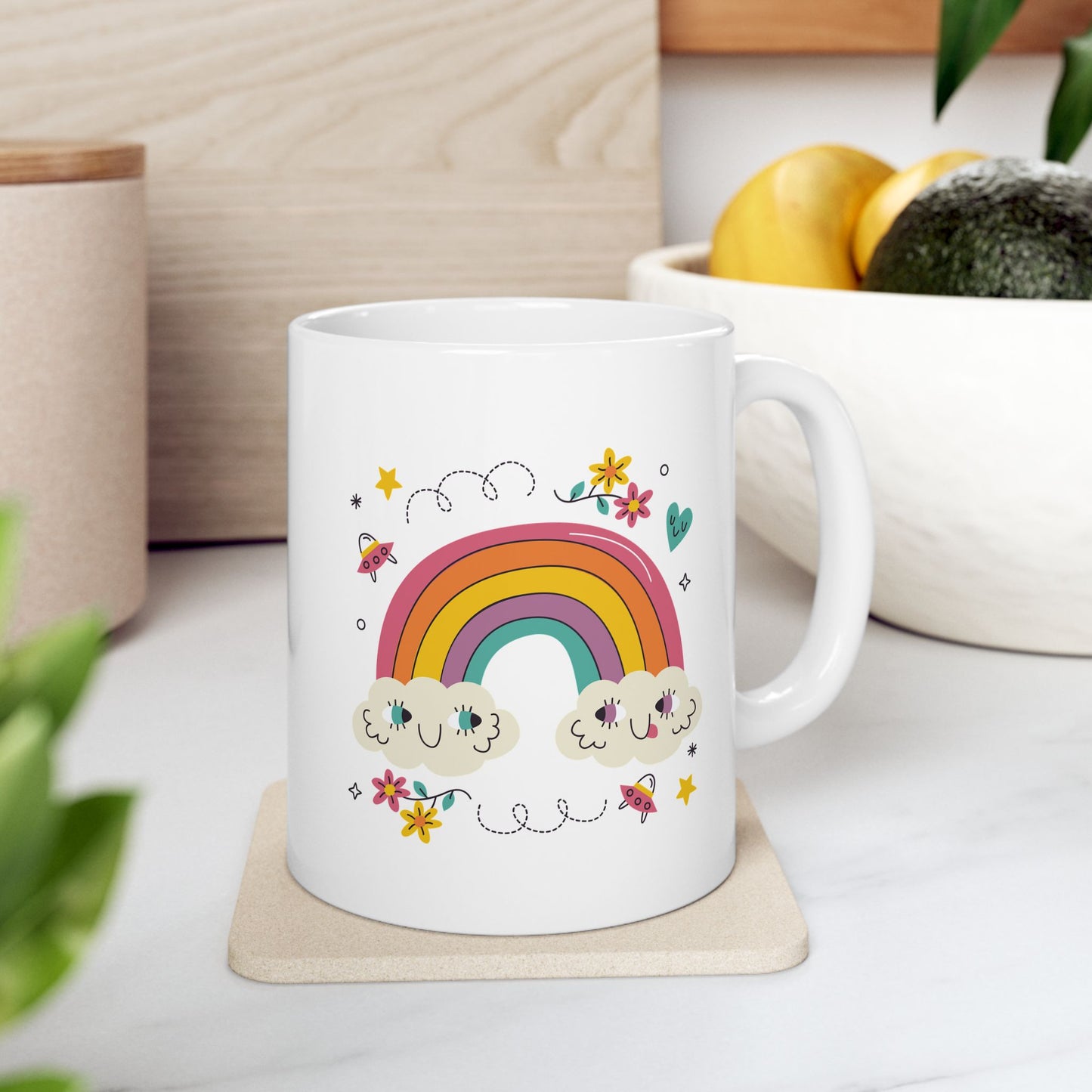 Rainbow Cloud Ceramic Mug – Cute Kawaii Rainbow & Stars Coffee Cup (11oz, 15oz)