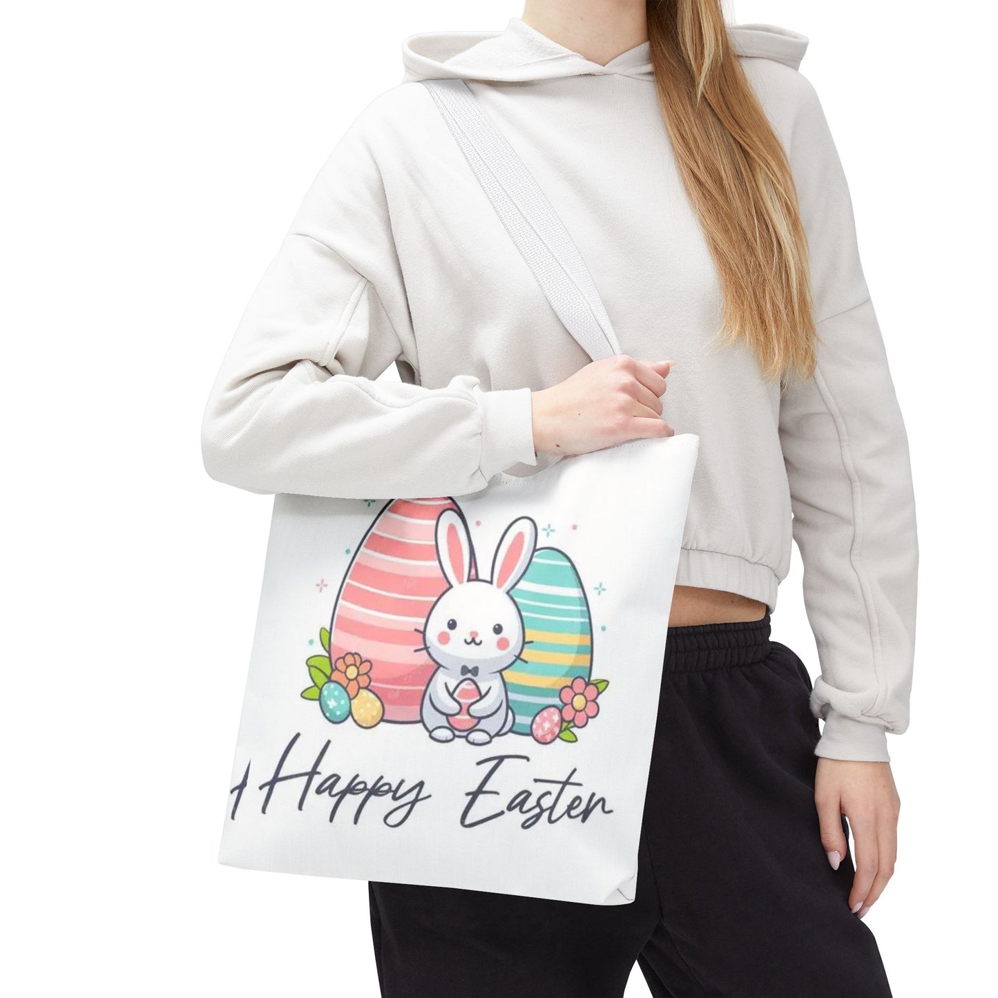 Easter Bunny Tote Bag — Cute "Happy Easter" Bunny with Colorful Eggs