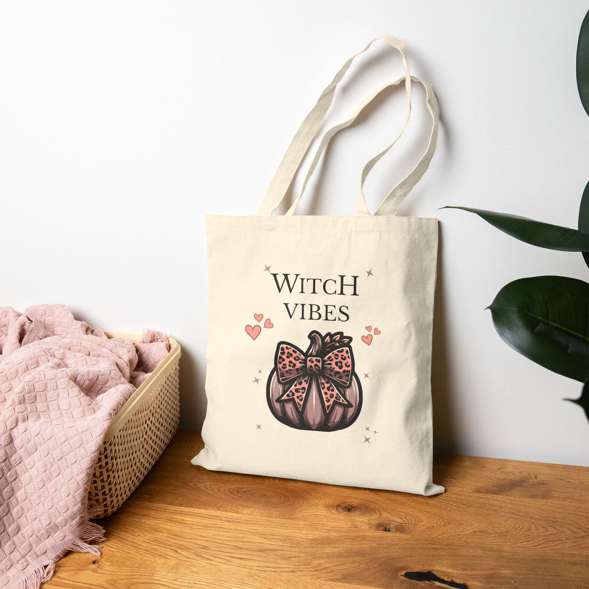 Witch Vibes Canvas Tote Bag – Cute Pumpkin & Leopard Bow Halloween Shopper