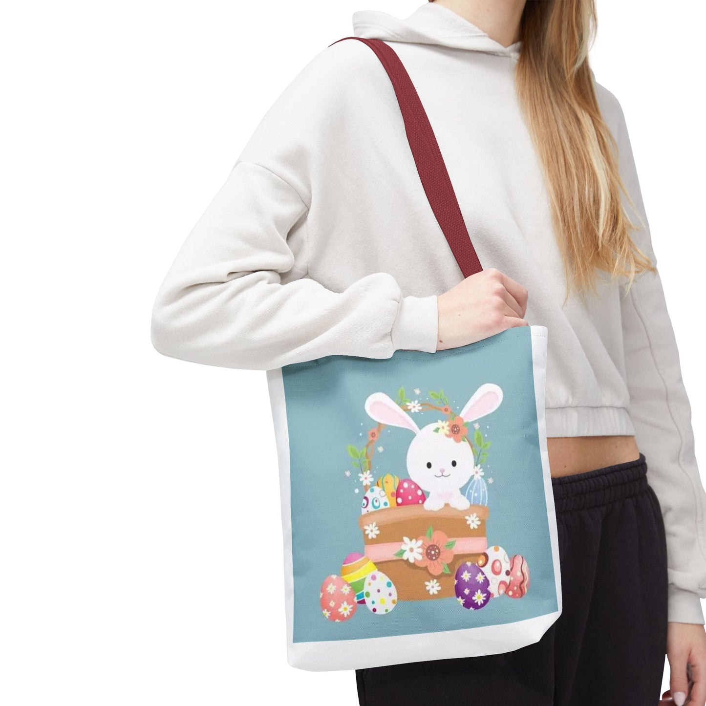 Easter Bunny Tote Bag — Cute Floral Bunny with Painted Eggs All-Over Print