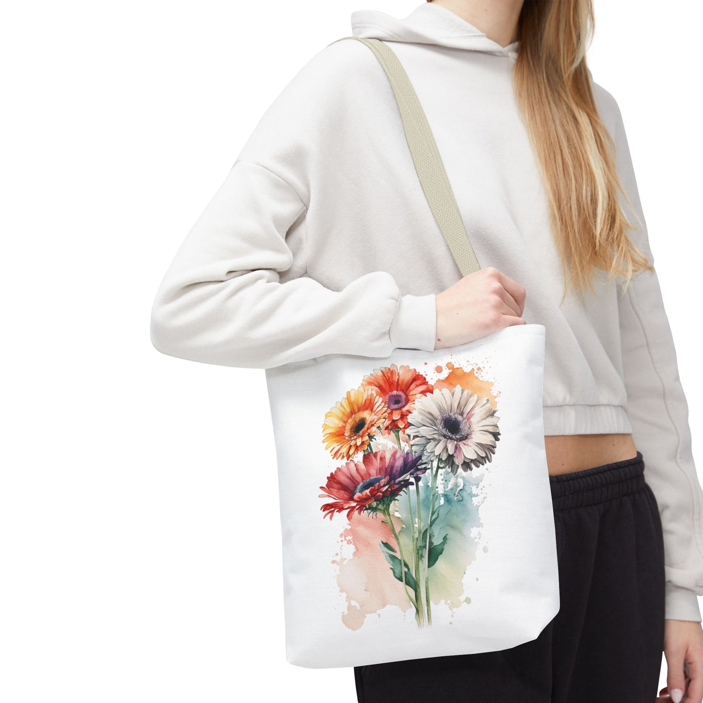 Floral Watercolor Tote Bag — Colorful Gerbera Bouquet All-Over Print