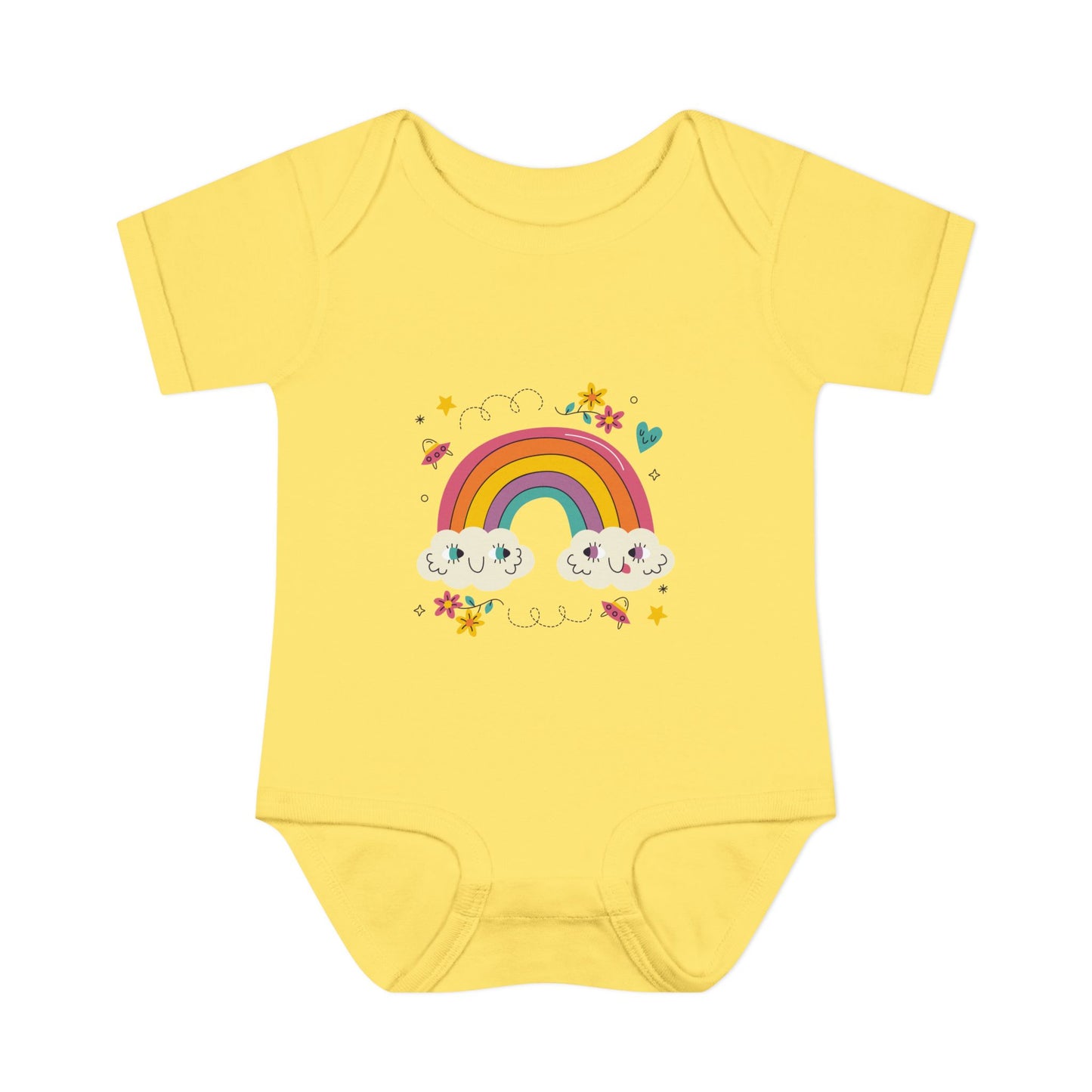 Baby Bodysuit — Cute Rainbow with Smiling Clouds Infant Onesie