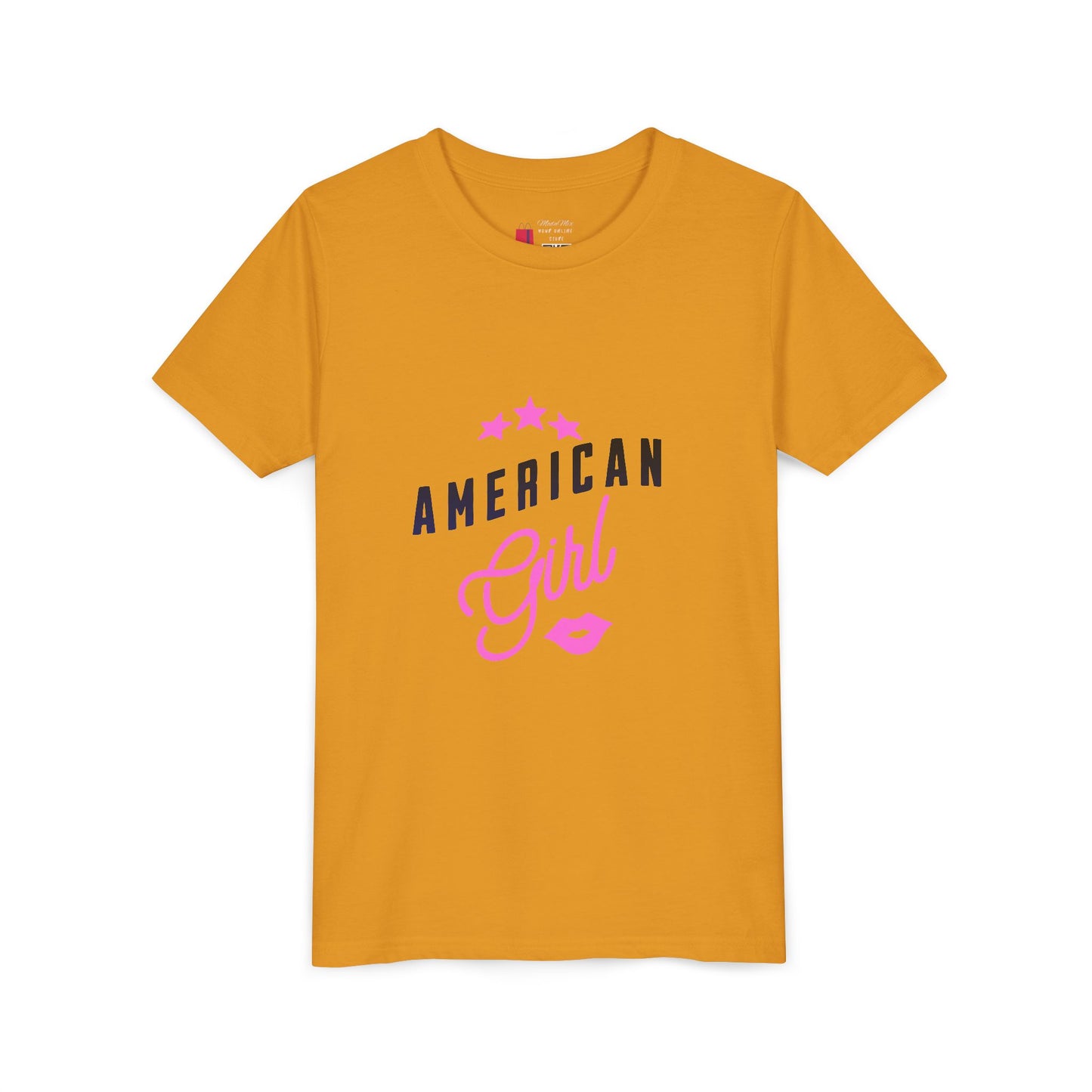 American Girl Youth Tee — Pink Script Stars Patriotic Kids Shirt