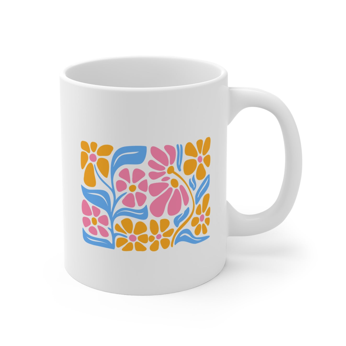 Floral Folk Art Mug — Colorful Retro Flower Coffee Cup (11 oz)