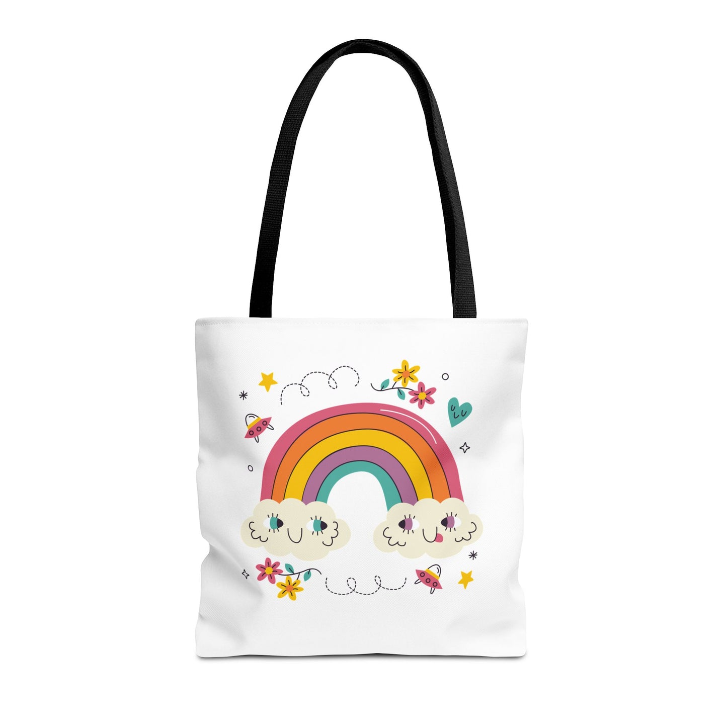 Cute Rainbow Tote Bag — Kawaii Smiling Clouds, Floral & Heart Print