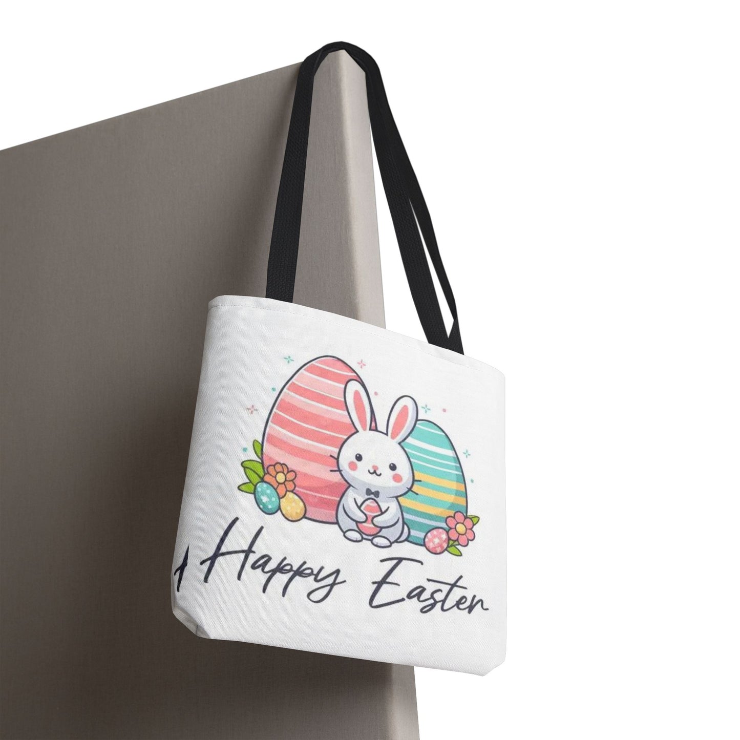 Easter Bunny Tote Bag — Cute "Happy Easter" Bunny with Colorful Eggs