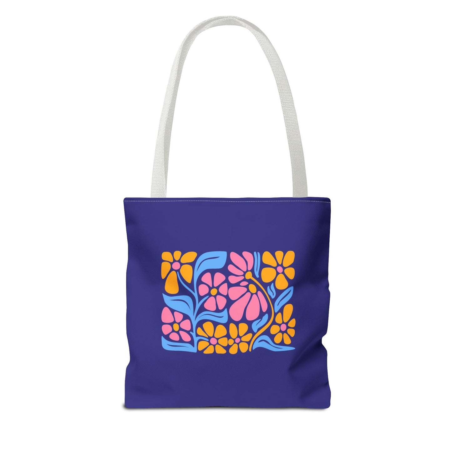 Floral Pop Tote Bag — Bright Retro Flower Pattern on Purple