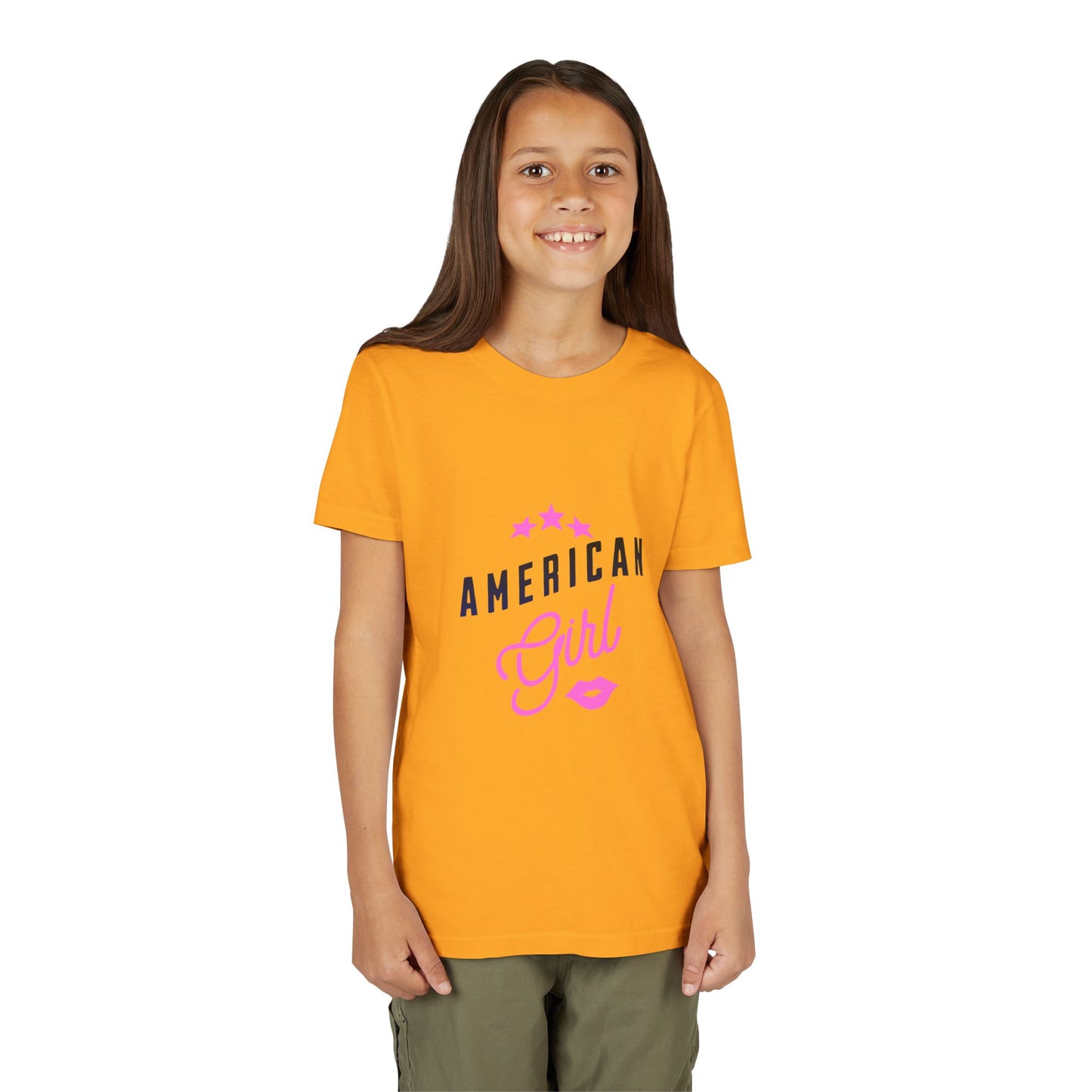 American Girl Youth Tee — Pink Script Stars Patriotic Kids Shirt