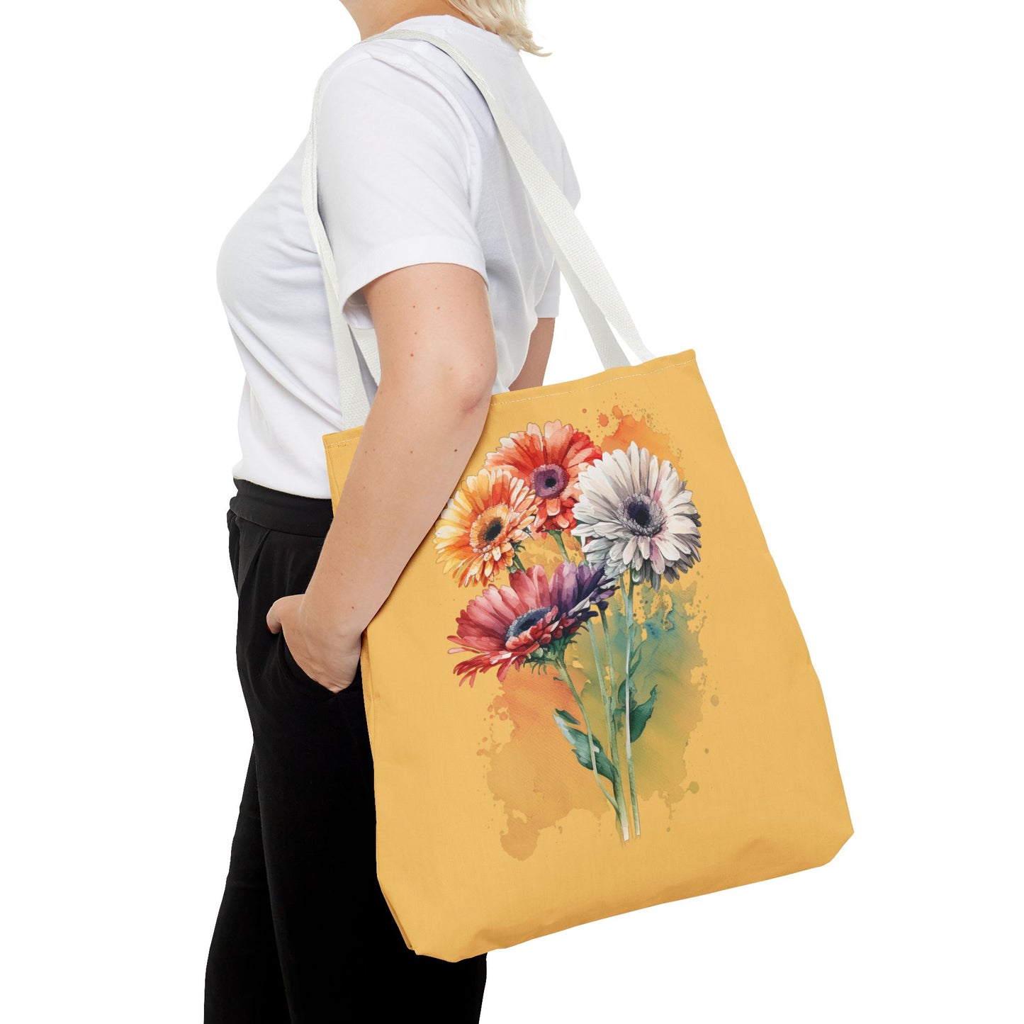 Floral Watercolor Tote Bag — Colorful Gerbera Bouquet on Mustard Background