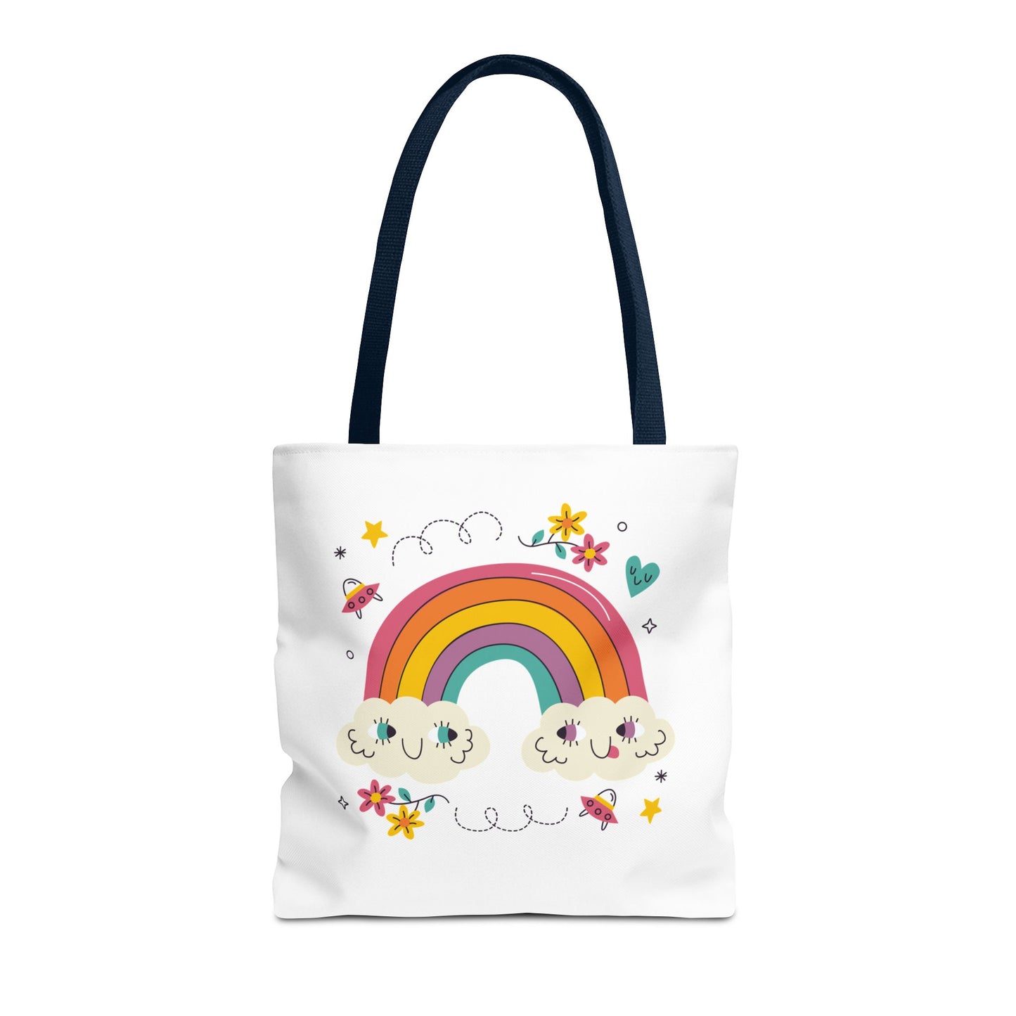 Cute Rainbow Tote Bag — Kawaii Smiling Clouds, Floral & Heart Print