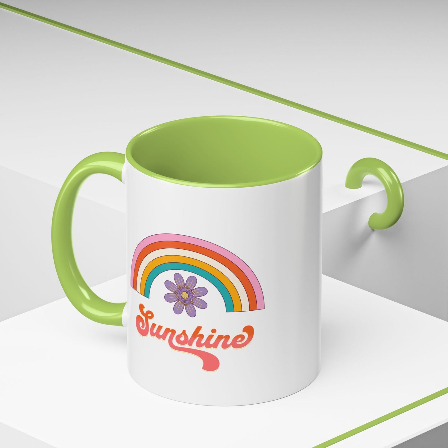 Sunshine Rainbow Accent Coffee Mug — Retro Flower 70s Vibe