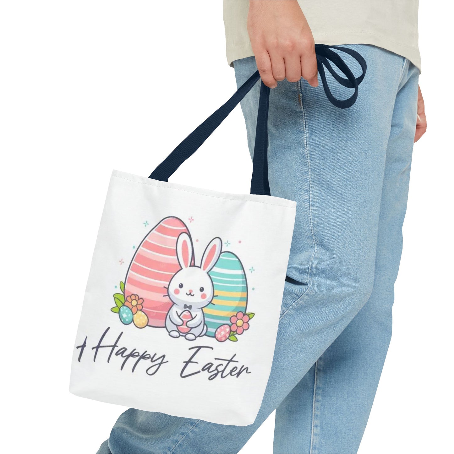 Easter Bunny Tote Bag — Cute "Happy Easter" Bunny with Colorful Eggs