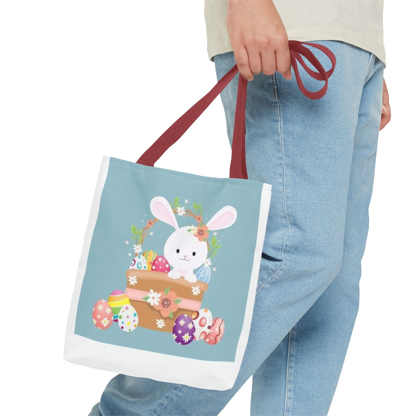 Easter Bunny Tote Bag — Cute Floral Bunny with Painted Eggs All-Over Print