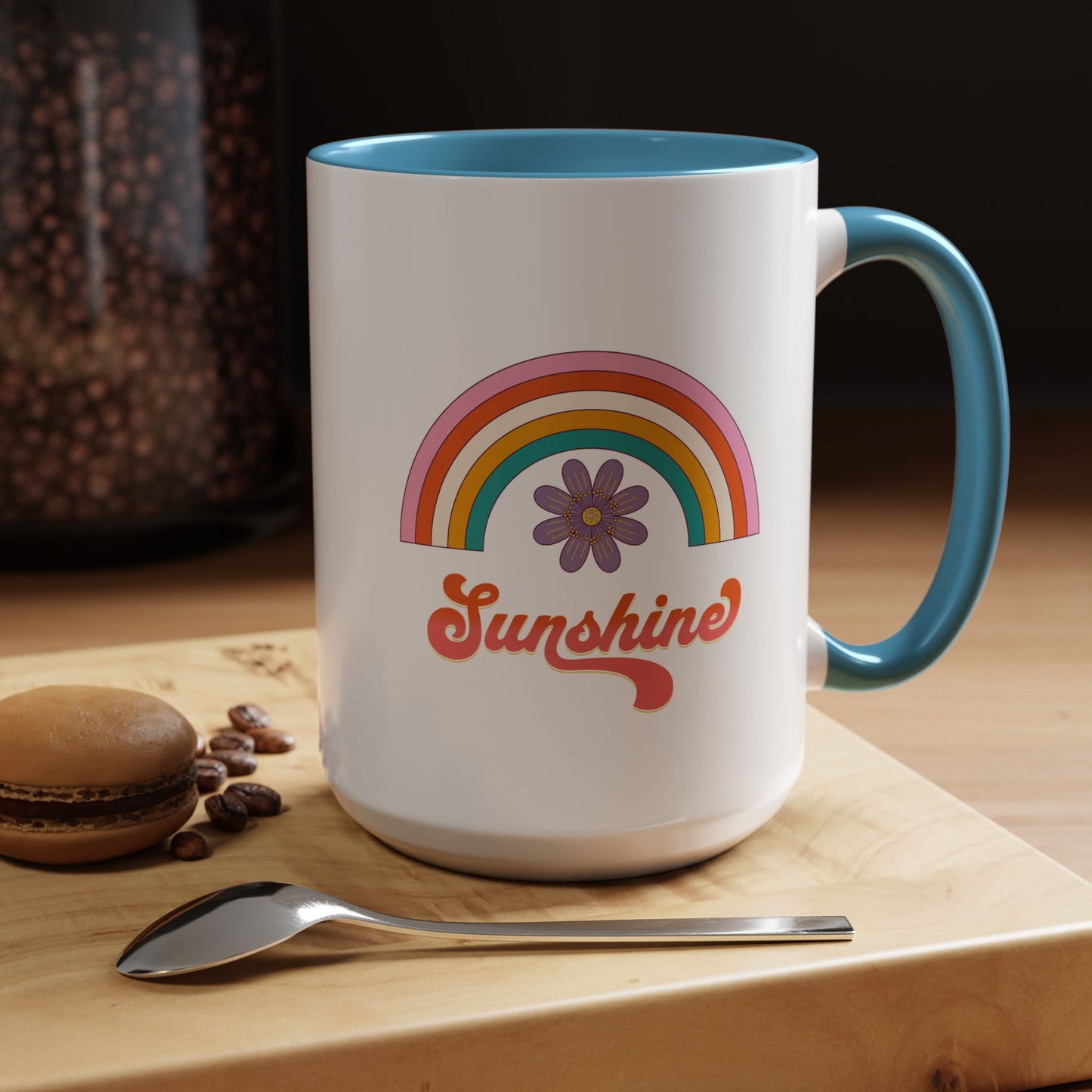 Sunshine Rainbow Accent Coffee Mug — Retro Flower 70s Vibe