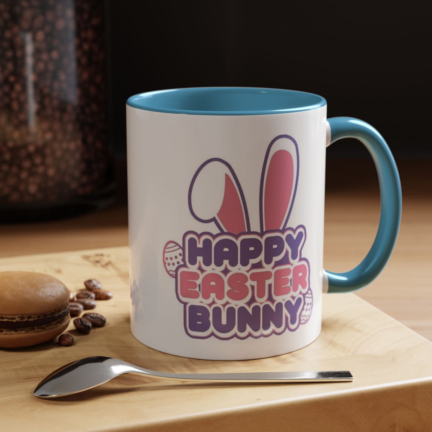 Happy Easter Bunny Accent Coffee Mug — Pink Interior 11/15oz, Cute Holiday Gift