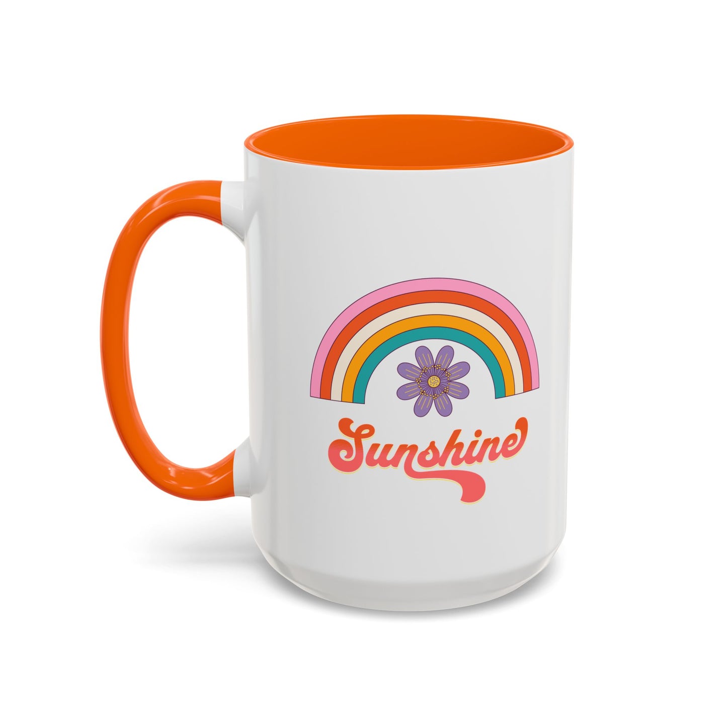 Sunshine Rainbow Accent Coffee Mug — Retro Flower 70s Vibe