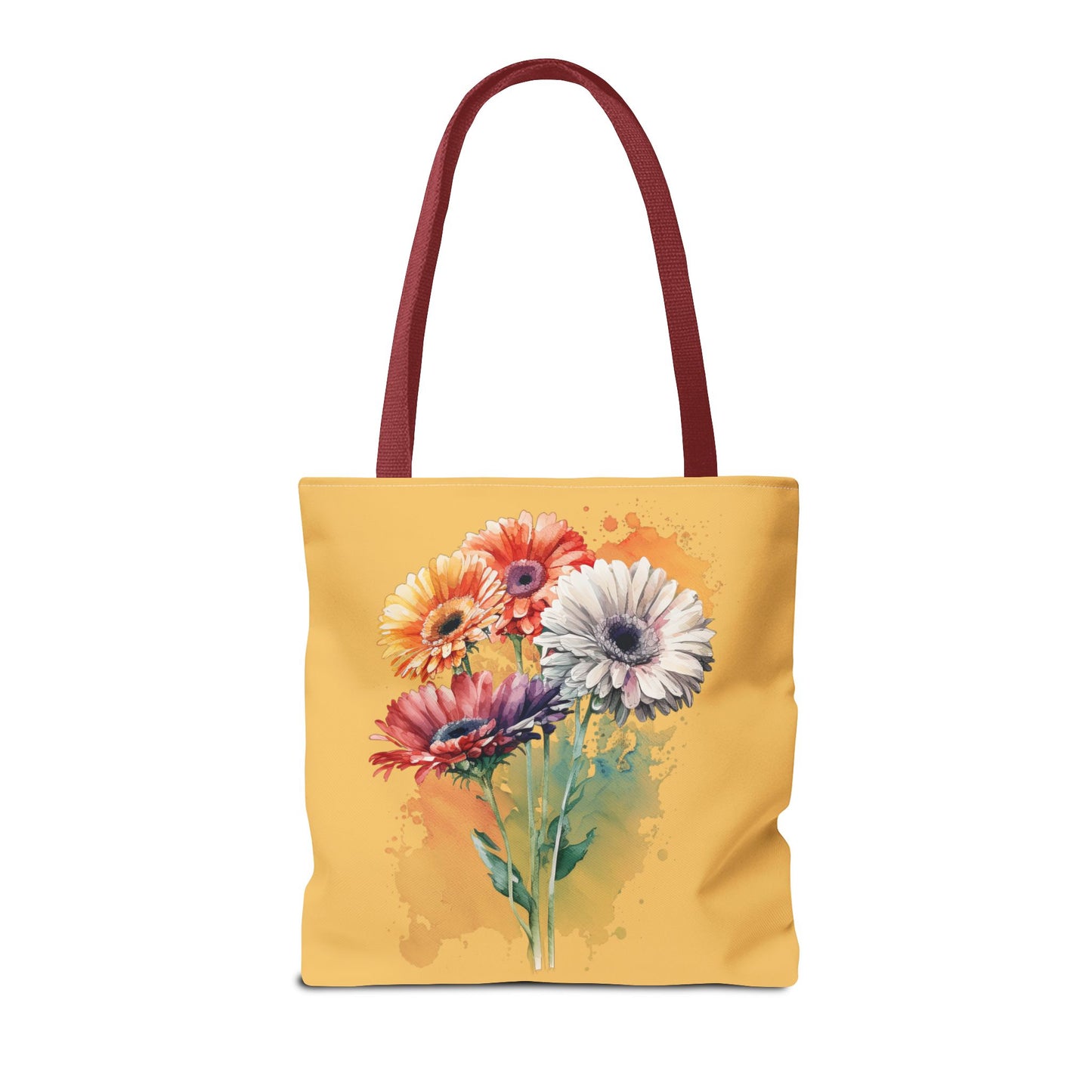 Floral Watercolor Tote Bag — Colorful Gerbera Bouquet on Mustard Background