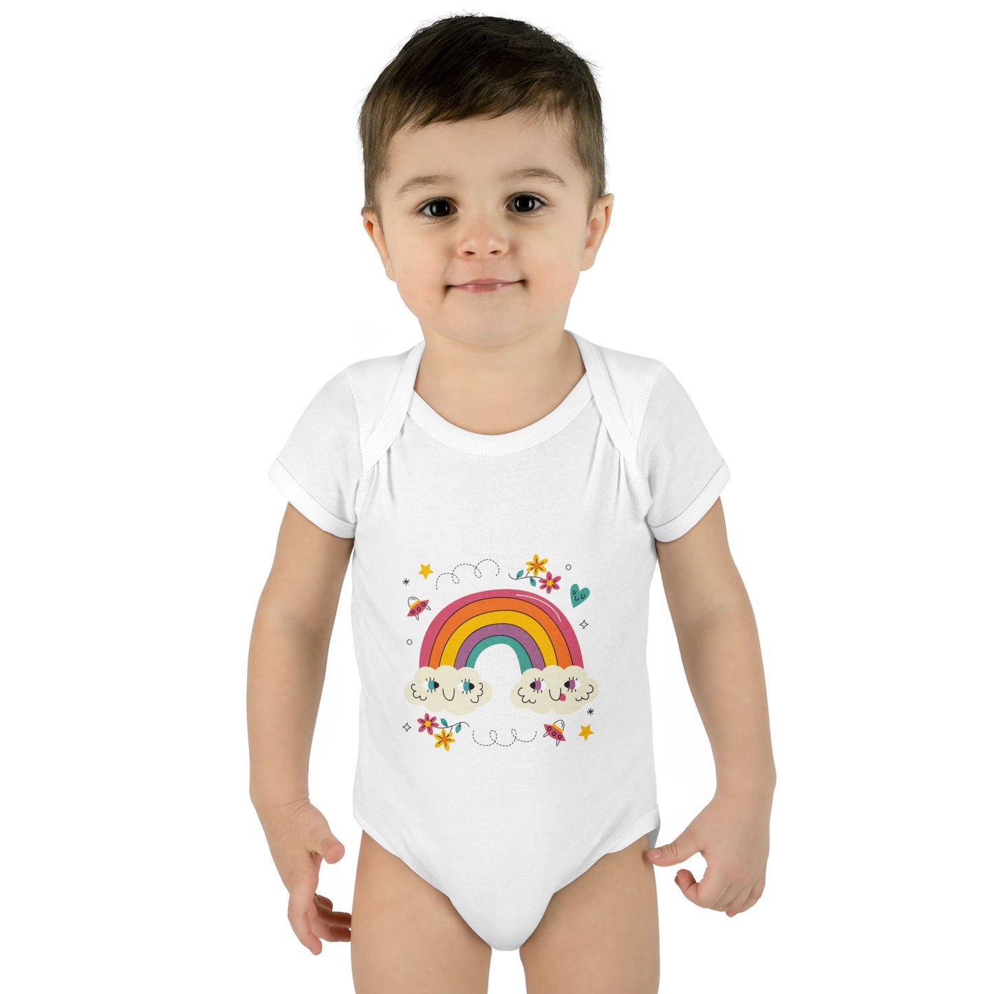 Baby Bodysuit — Cute Rainbow with Smiling Clouds Infant Onesie