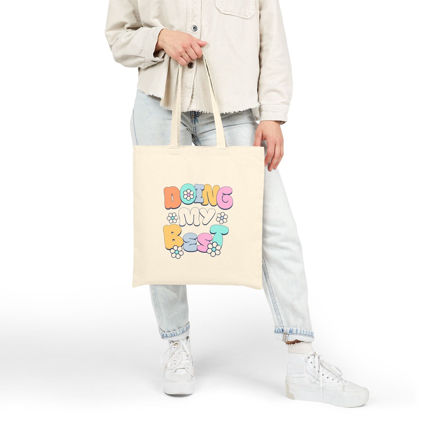 Tote Bag — "Doing My Best" Retro Floral Canvas Tote, Cute Eco-Friendly Grocery & Everyday Bag