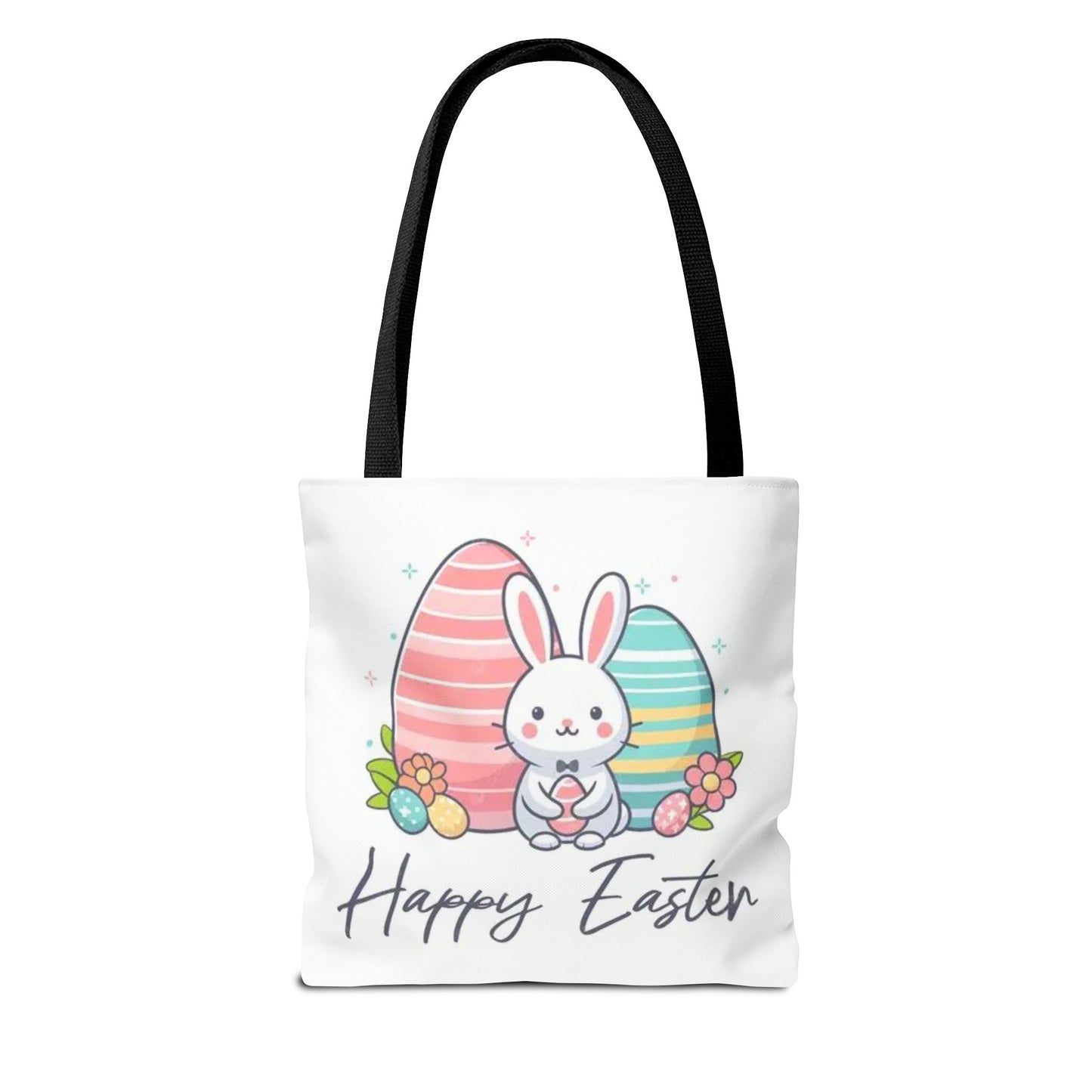 Easter Bunny Tote Bag — Cute "Happy Easter" Bunny with Colorful Eggs