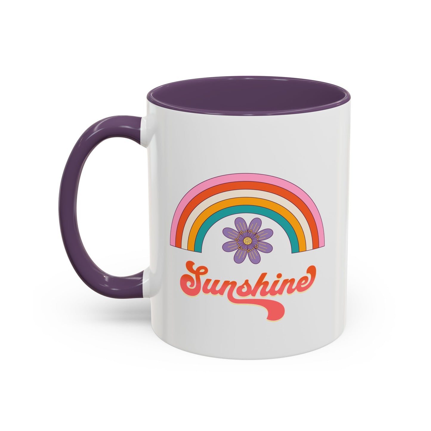 Sunshine Rainbow Accent Coffee Mug — Retro Flower 70s Vibe