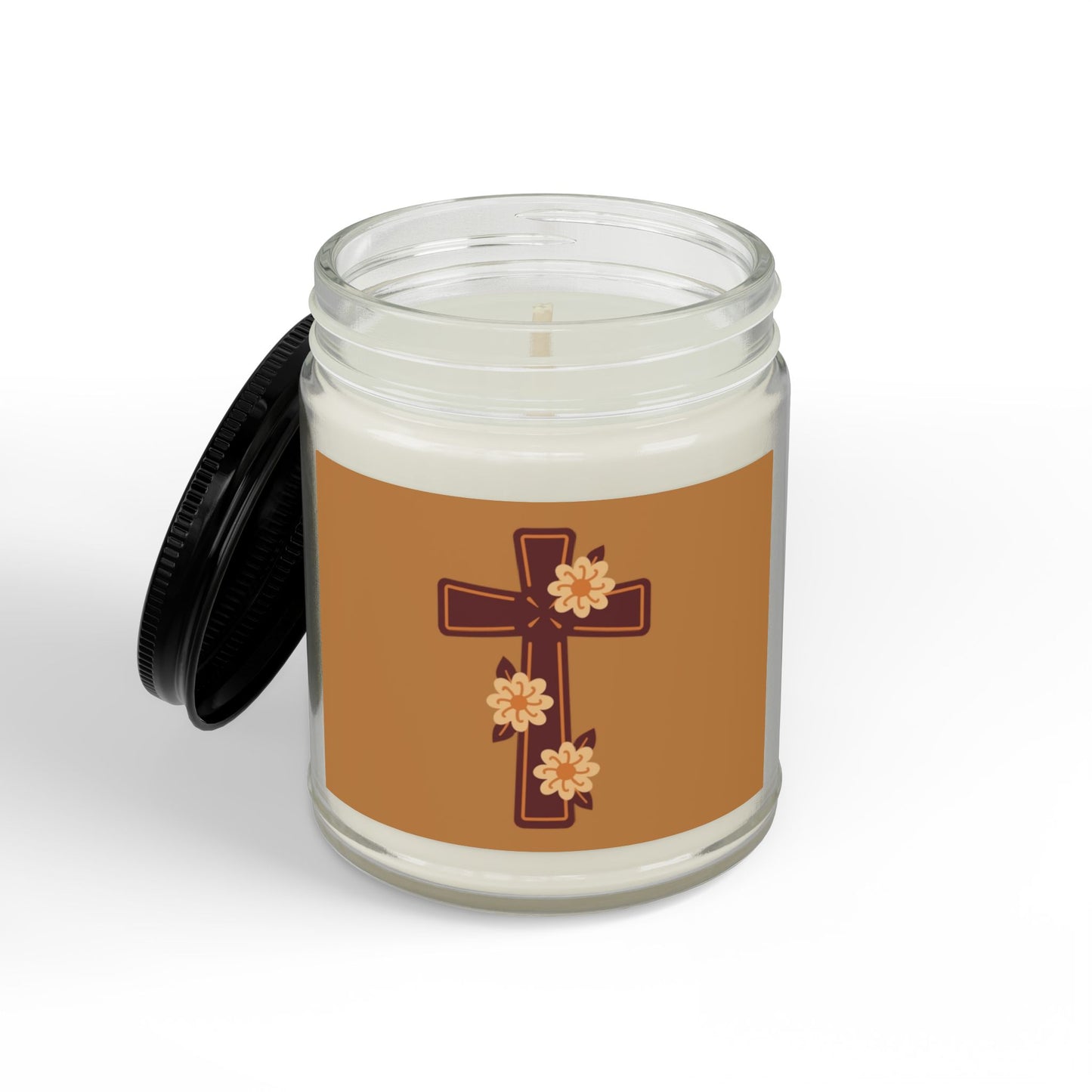 Floral Cross Scented Soy Candle — 4oz & 9oz Amber Jar with Black Lid
